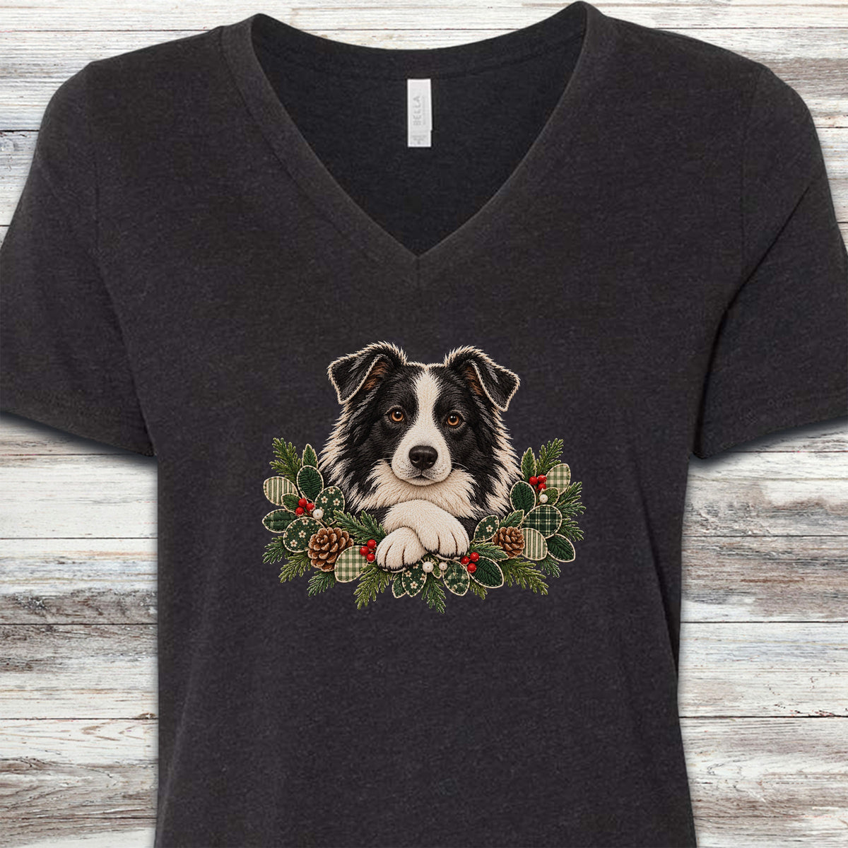 Border Collie Winter Greenery Faux Embroidery V-Neck Tee - Black Heather