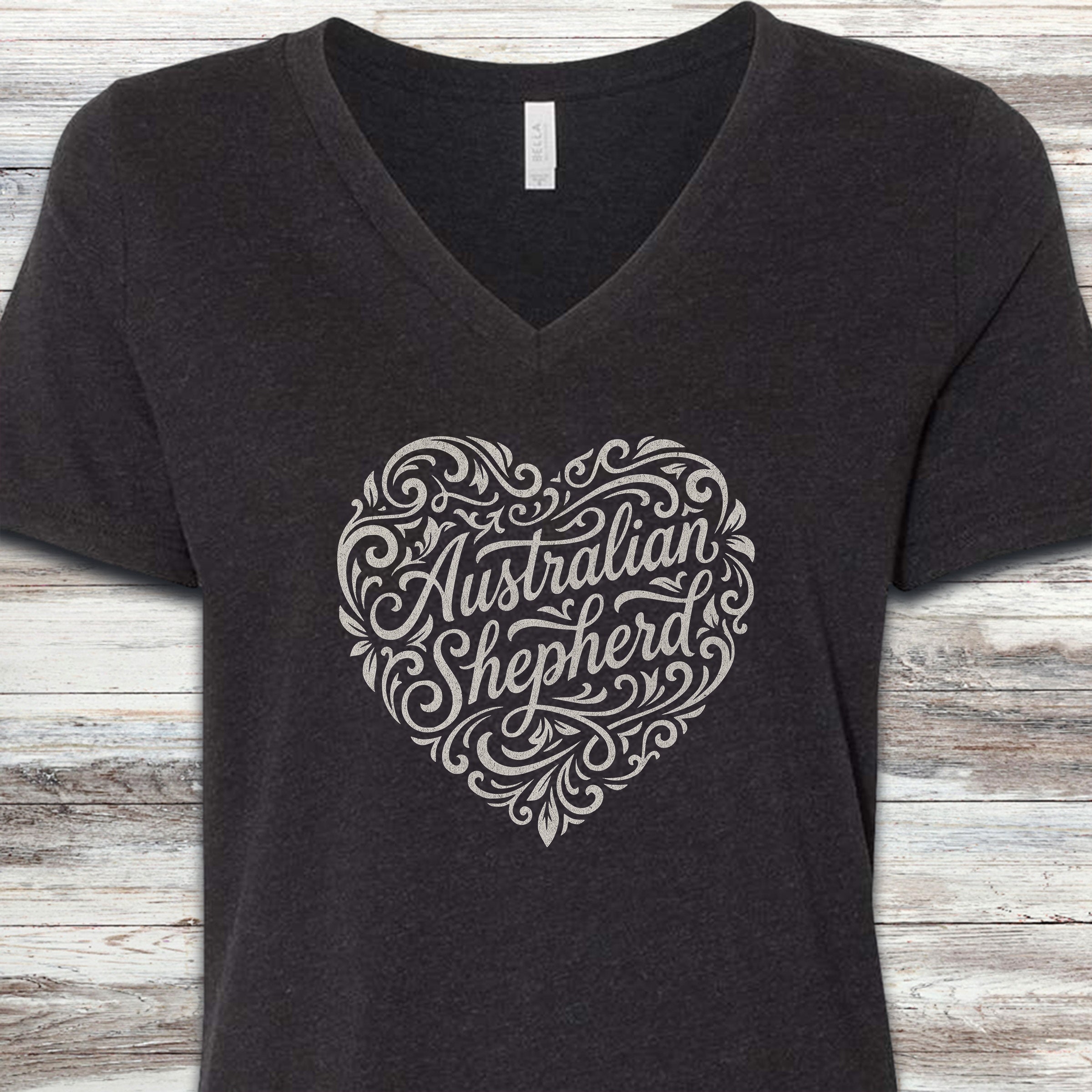 Australian Shepherd Heart Script V-Neck Tee - Black Heather