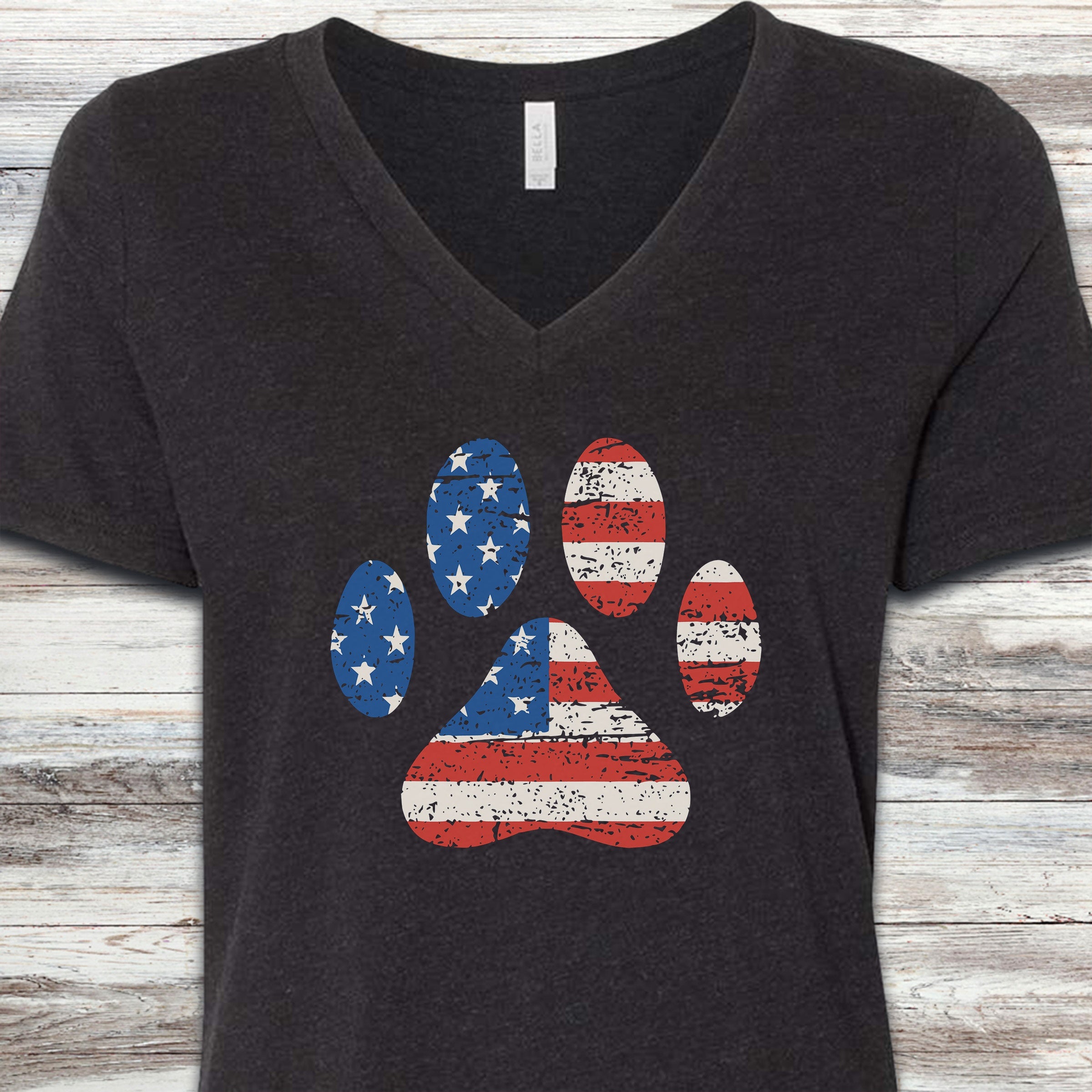 Stars & Stripes Paw Print V-Neck Tee - Black Heather