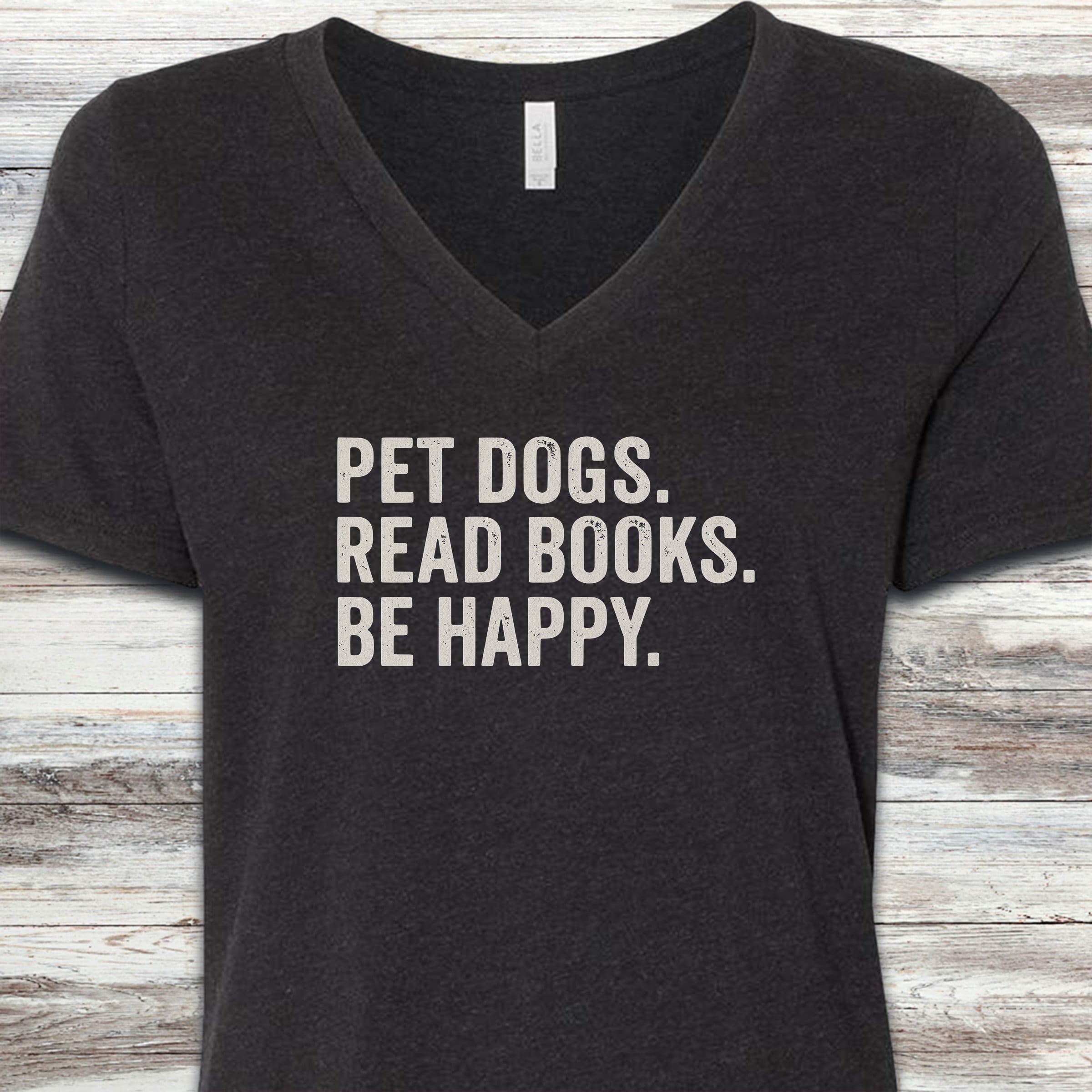 Dogs Books Happy V-Neck Tee - Black Heather