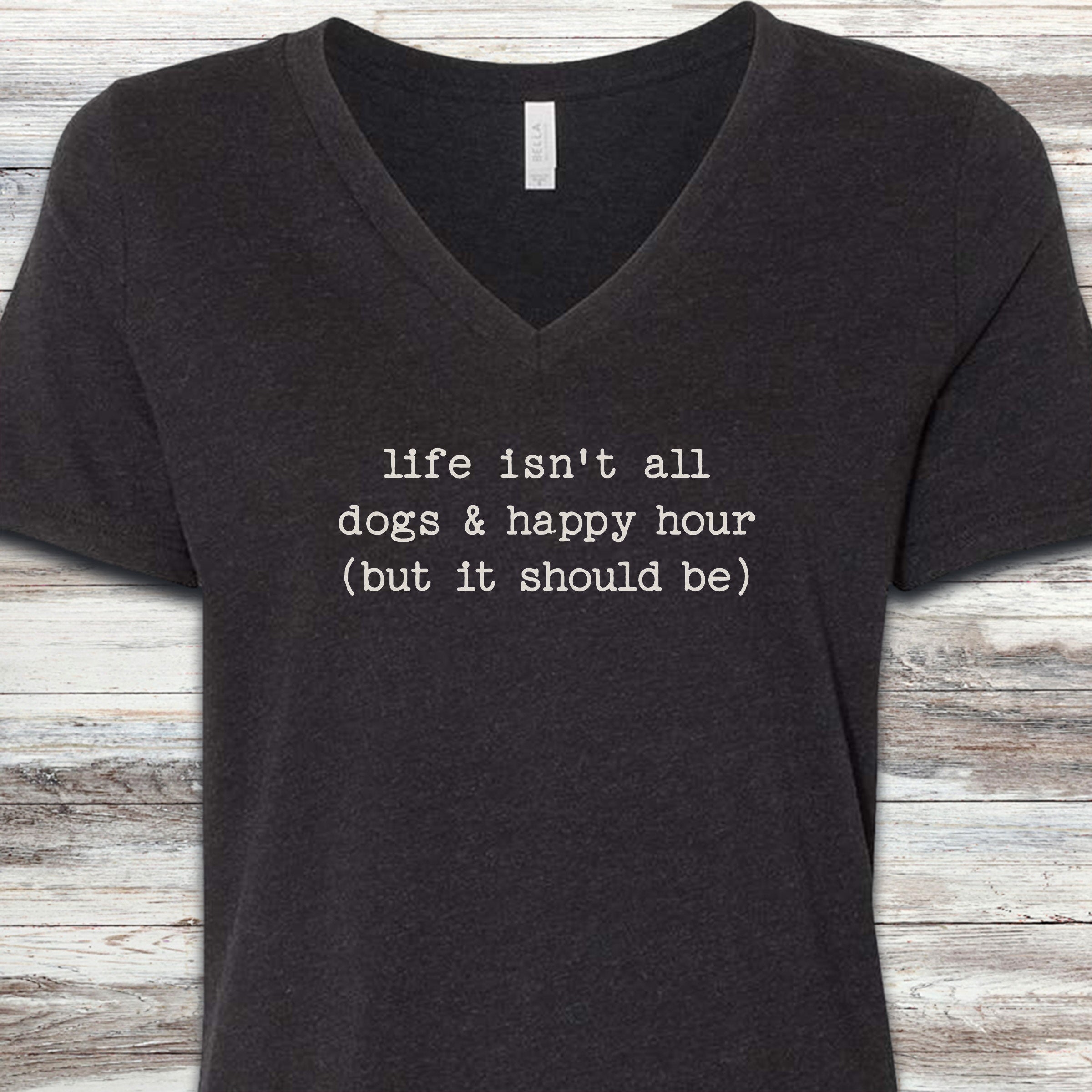 Dogs & Happy Hour V-Neck Tee - Black Heather