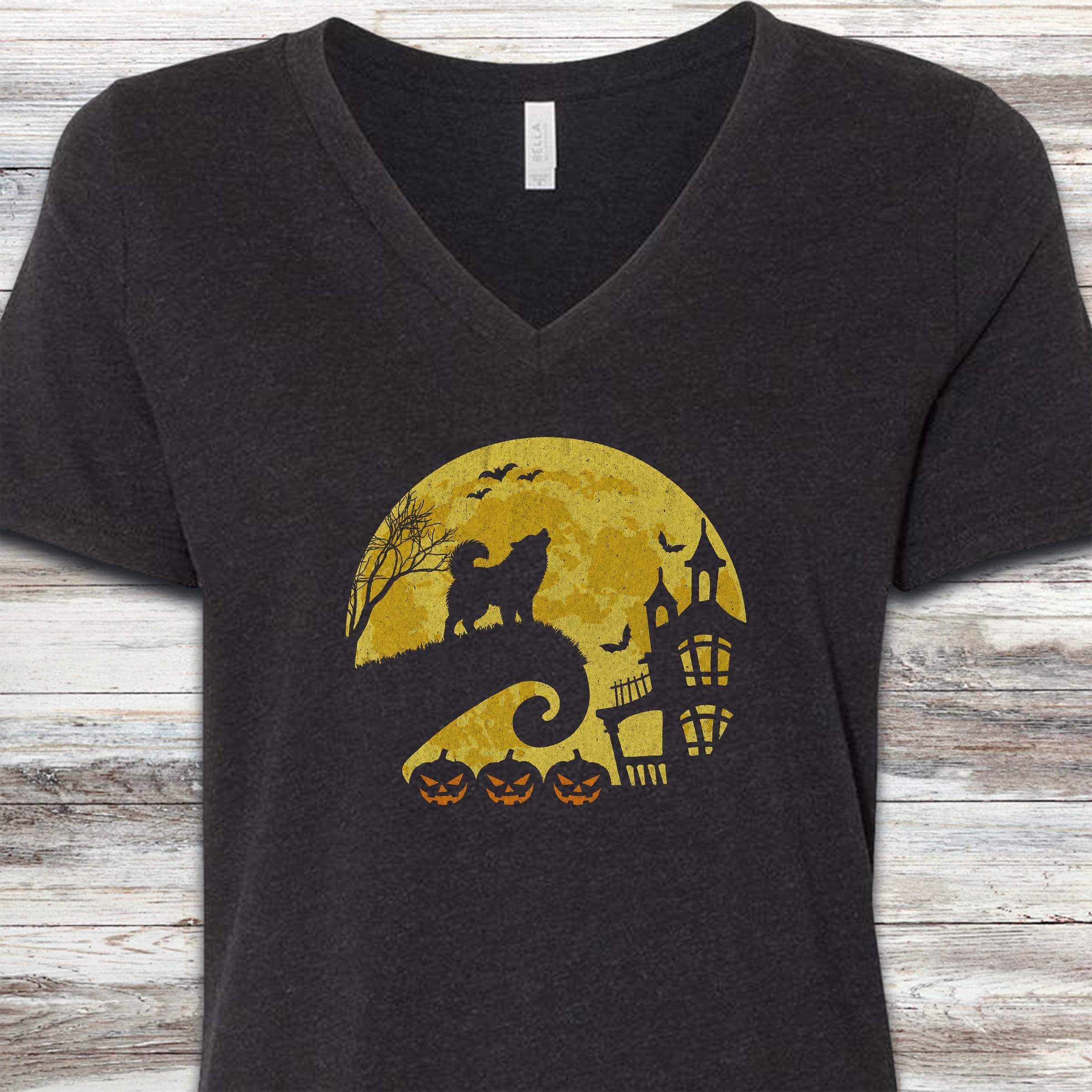Alaskan Malamute Halloween Moon V-Neck Tee - Black Heather