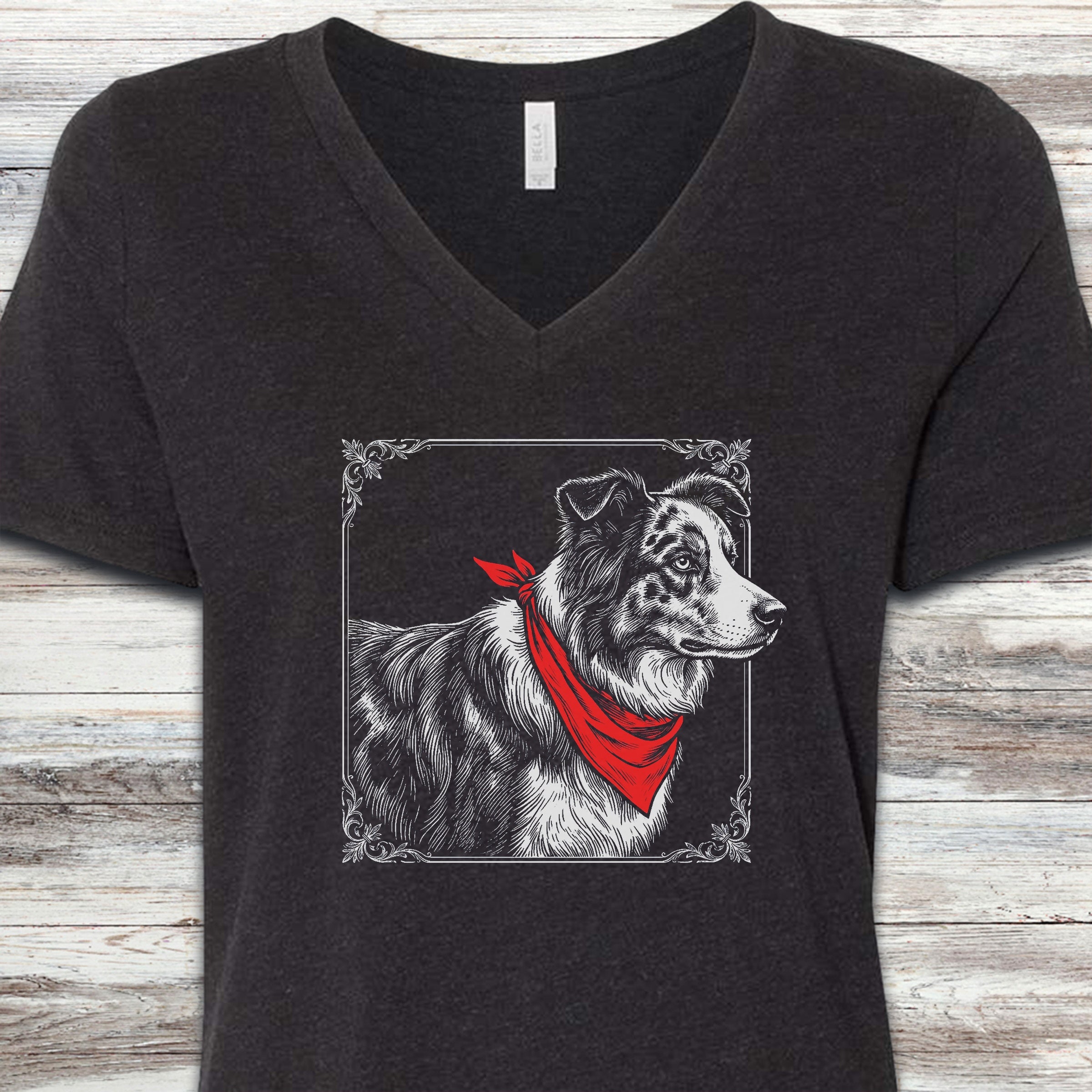 Australian Shepherd Etching V-Neck Tee - Black Heather