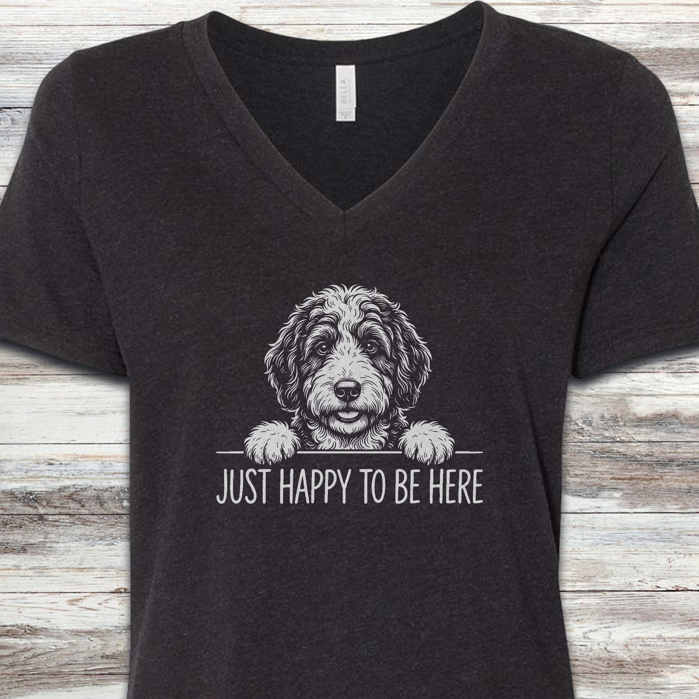 Bernedoodle Happy V-Neck Tee - Black Heather