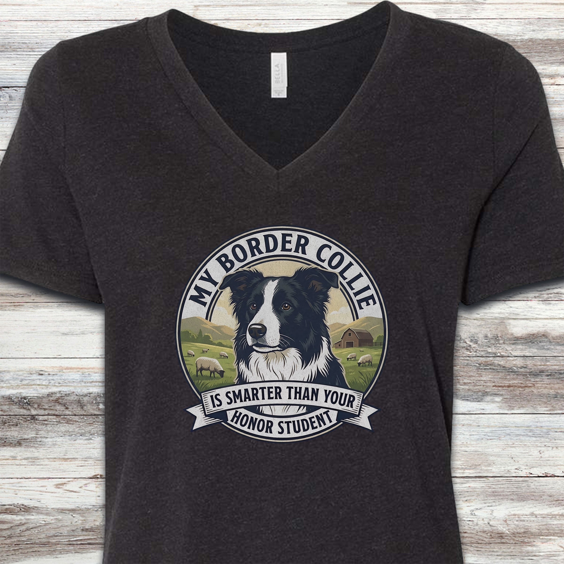 Border Collie Smart V-Neck Tee - Black Heather