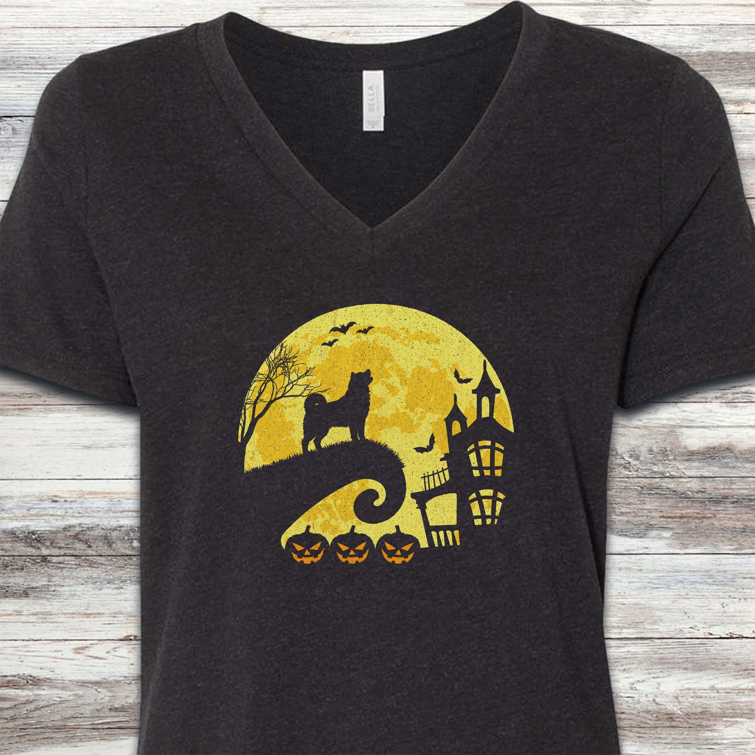 Akita Halloween Moon V-Neck Tee - Black Heather