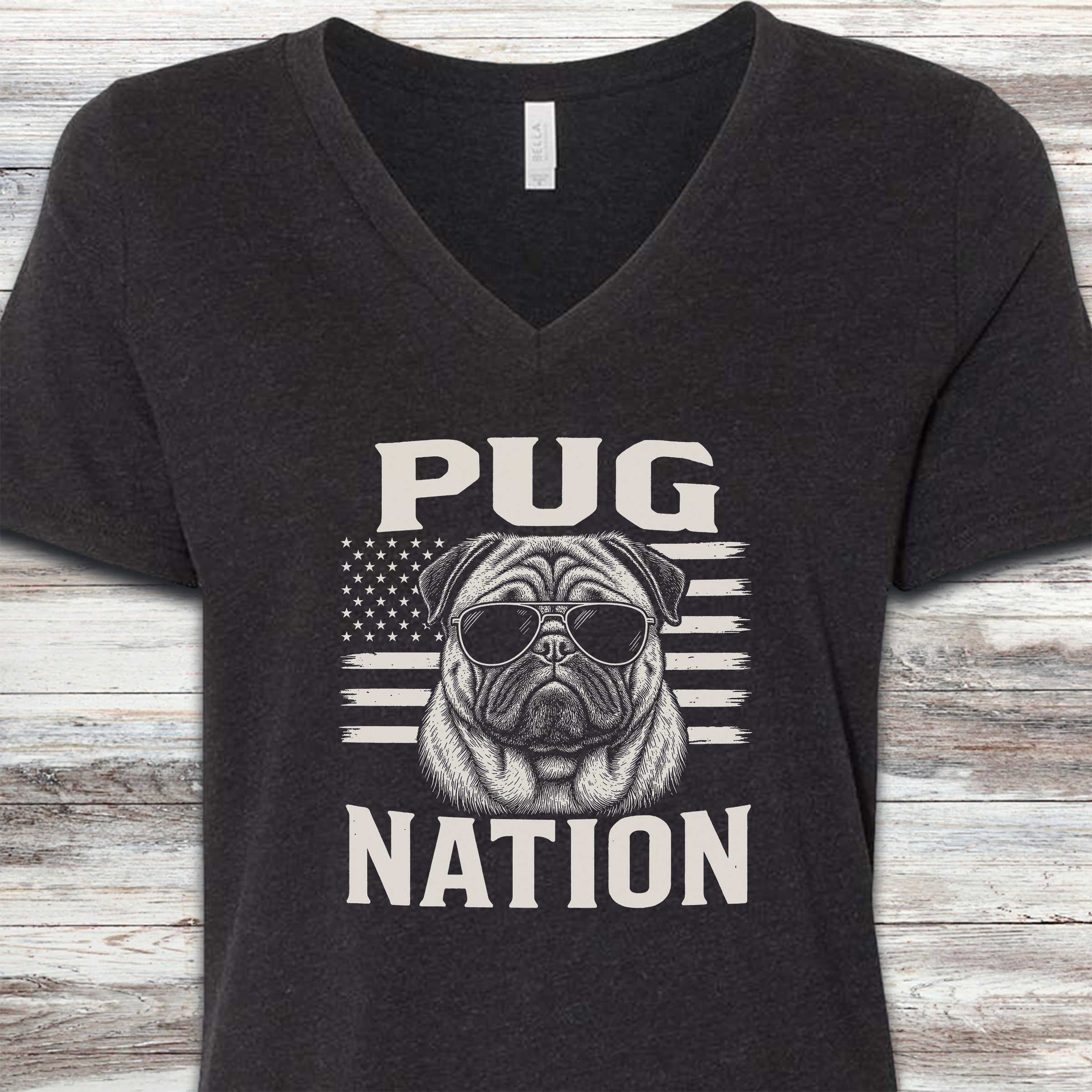Pug Nation V-Neck Tee - Black Heather