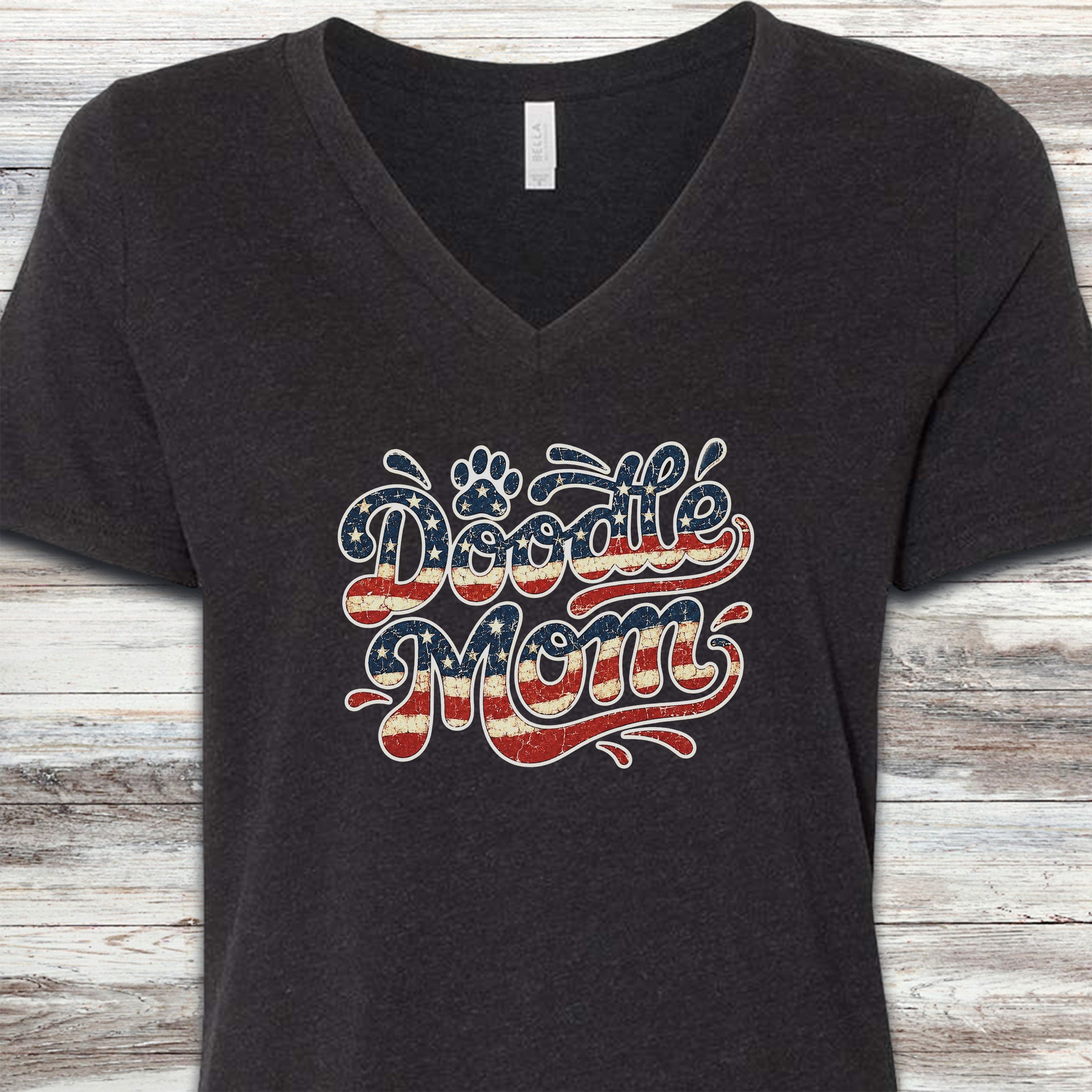 Doodle USA Mom V-Neck Tee - Black Heather