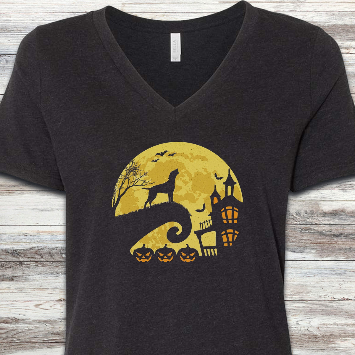 Vizsla Halloween Moon V-Neck Tee - Black Heather