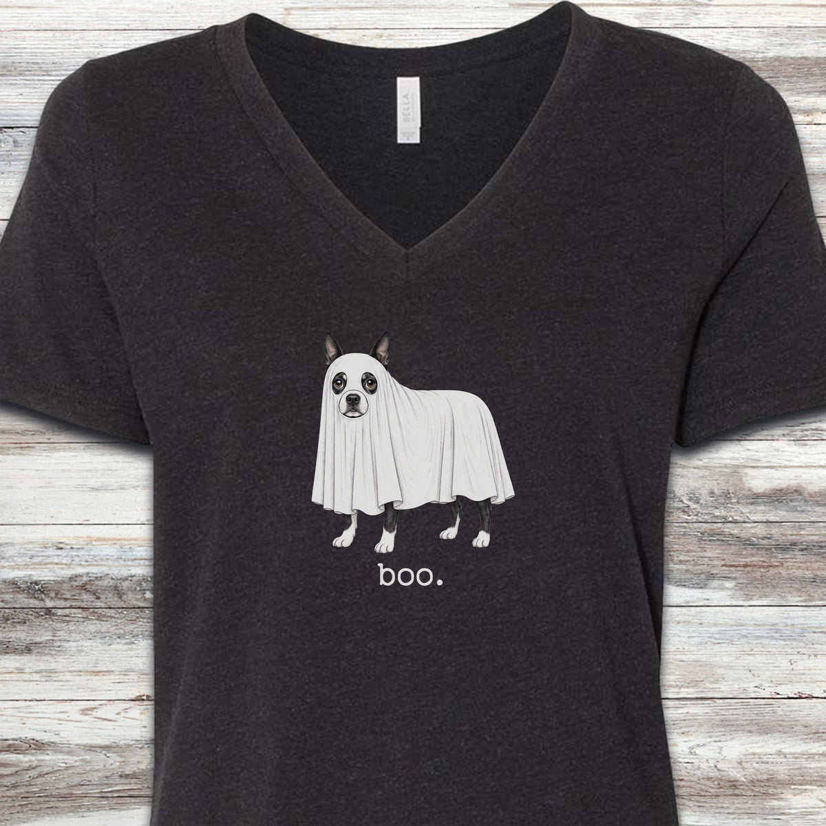 Boston Terrier Boo V-Neck Tee - Black Heather