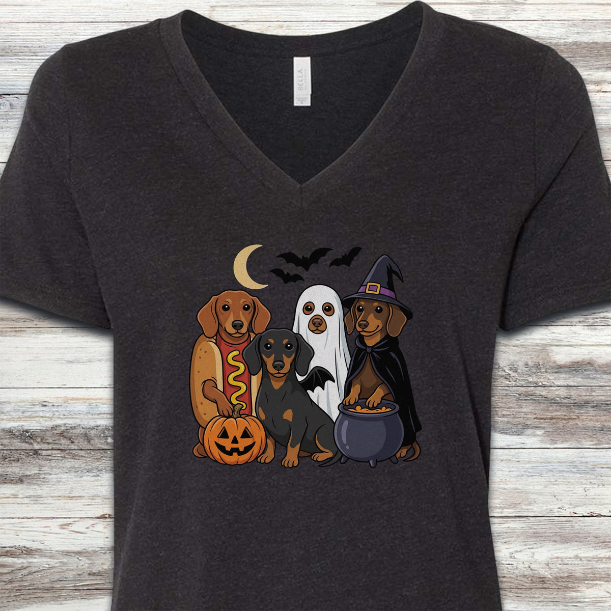 Dachshund Halloween V-Neck Tee - Black Heather