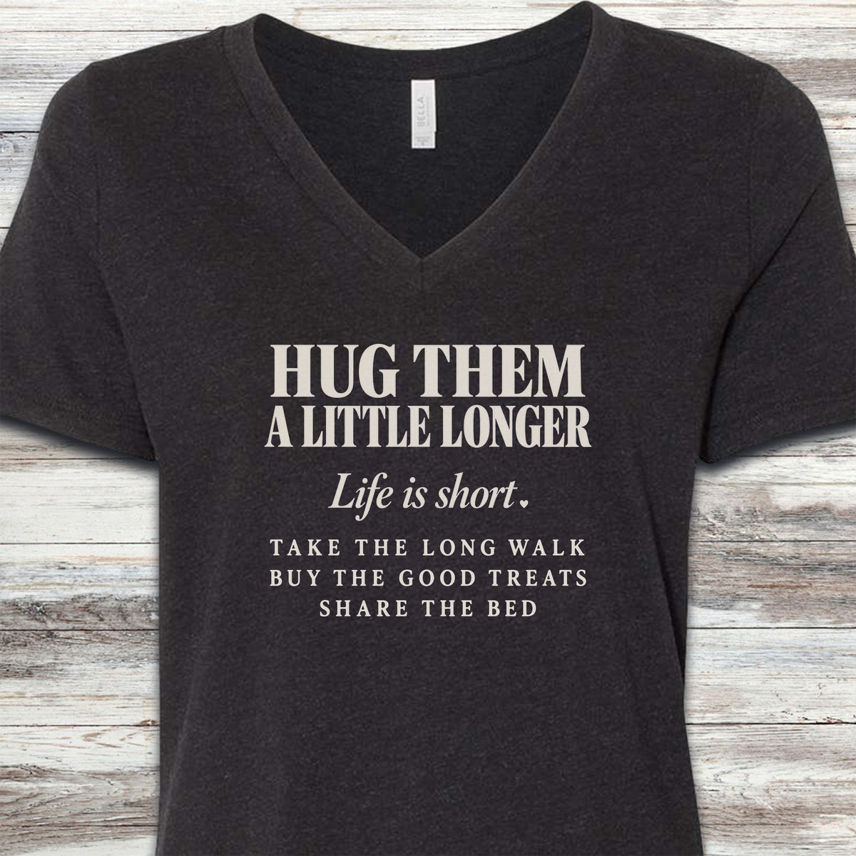 Life Is Short Hug Them V-Neck Tee - Black Heather
