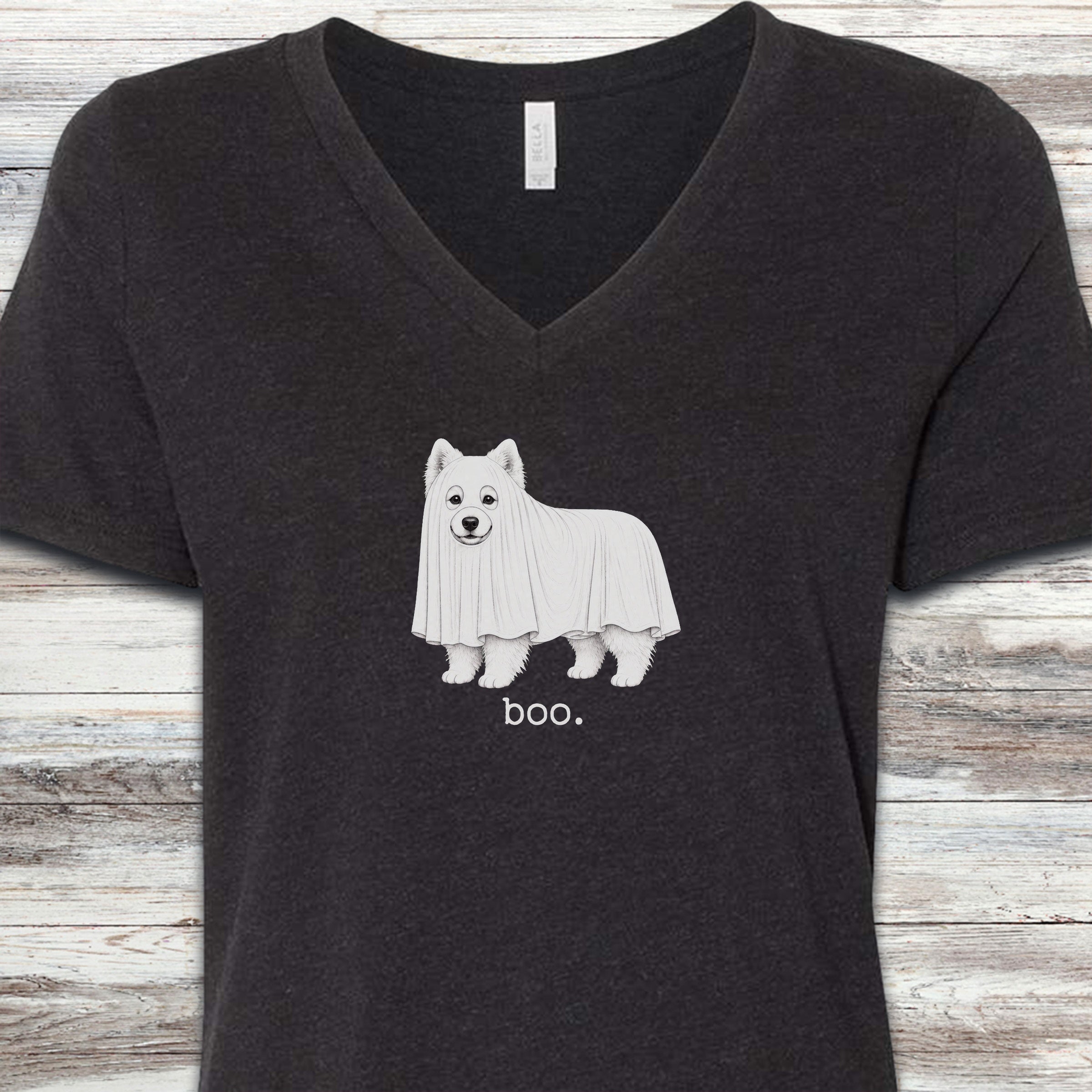 Samoyed Boo V-Neck Tee - Black Heather
