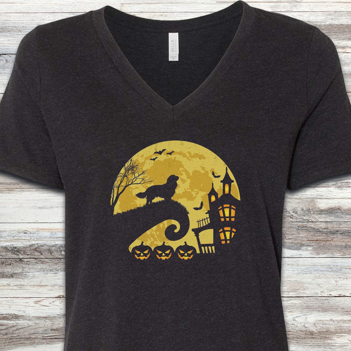 Cavalier King Charles Spaniel Halloween Moon V-Neck Tee - Black Heather
