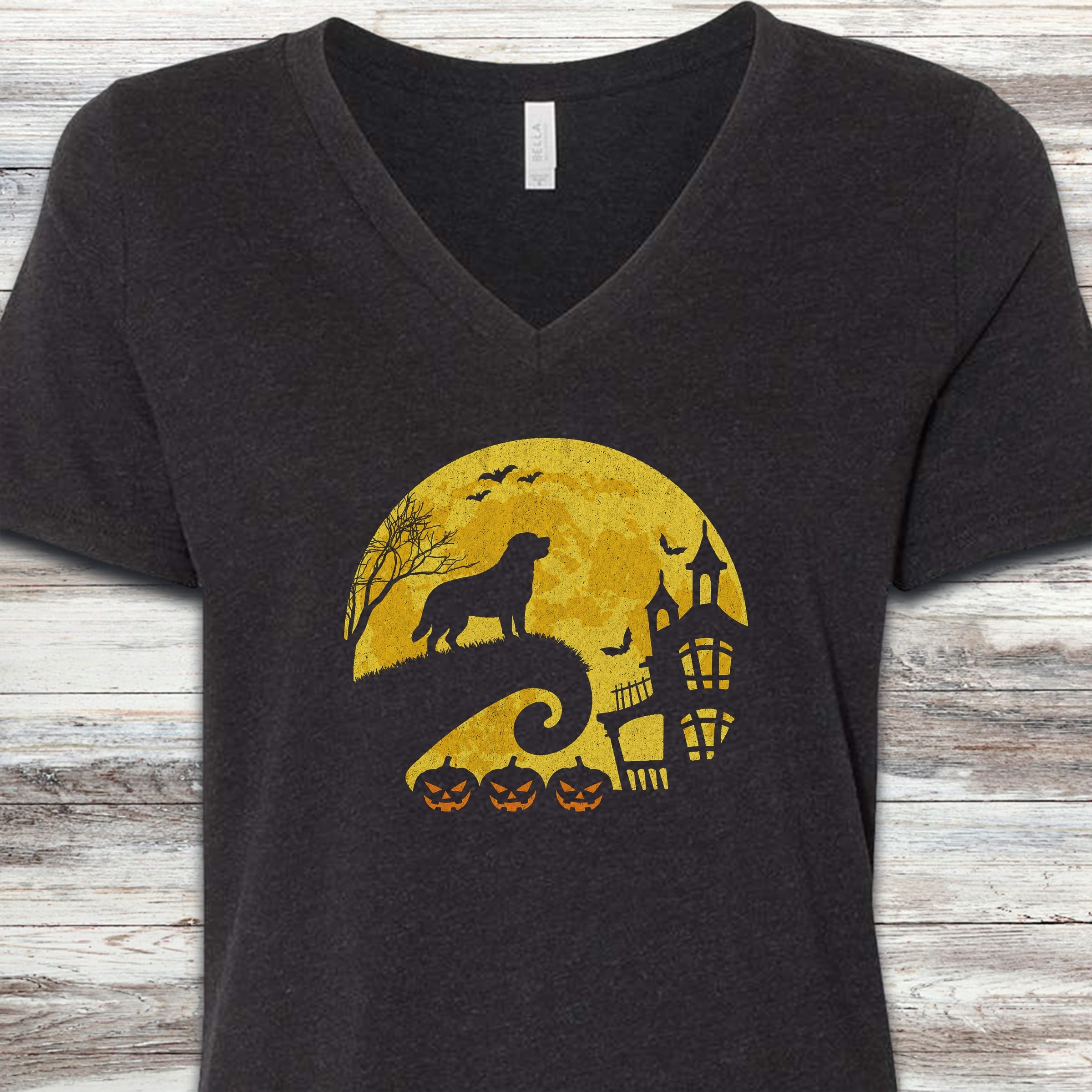 Swiss Mountain Dog Halloween Moon V-Neck Tee - Black Heather