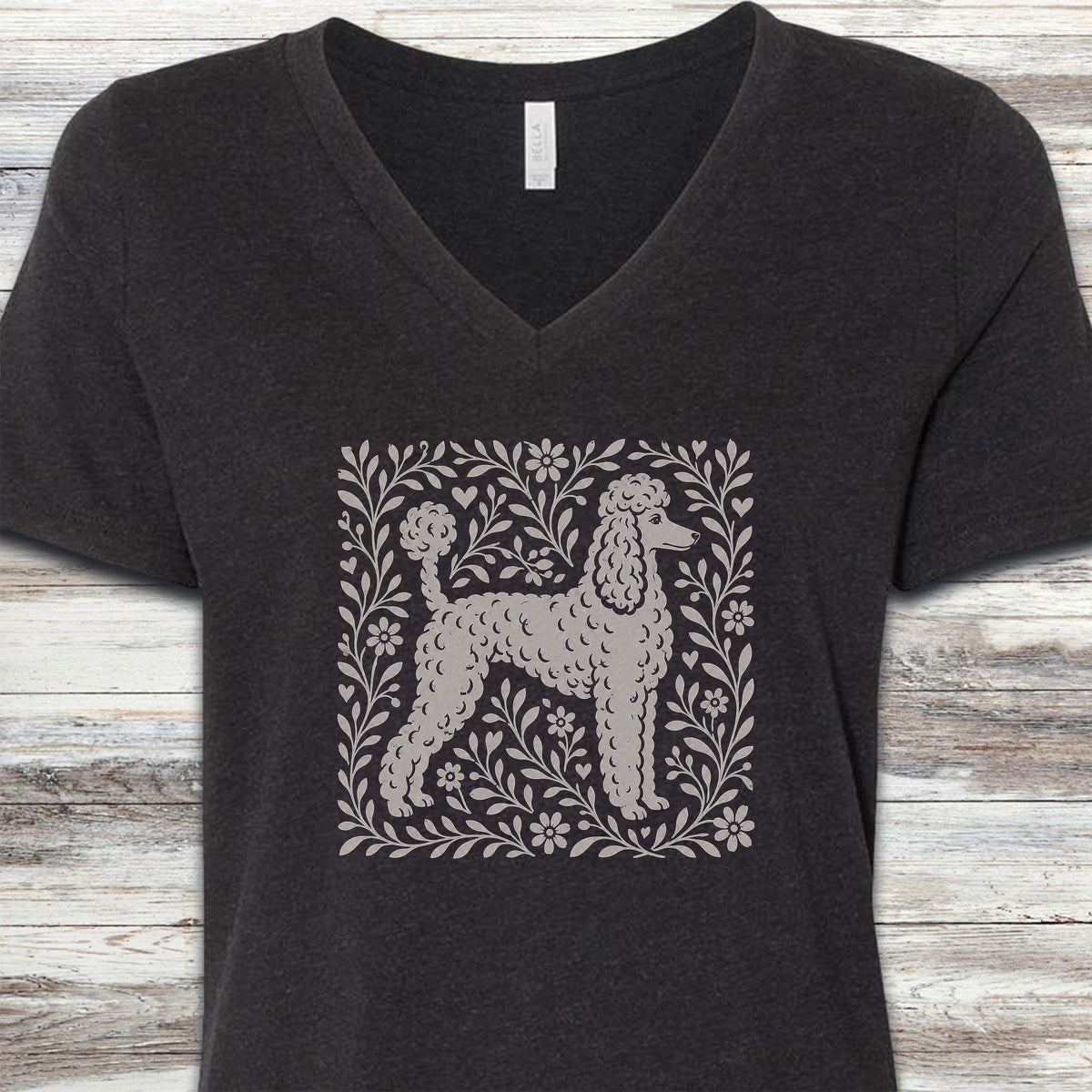 Poodle Light Linocut V-Neck Tee - Black Heather
