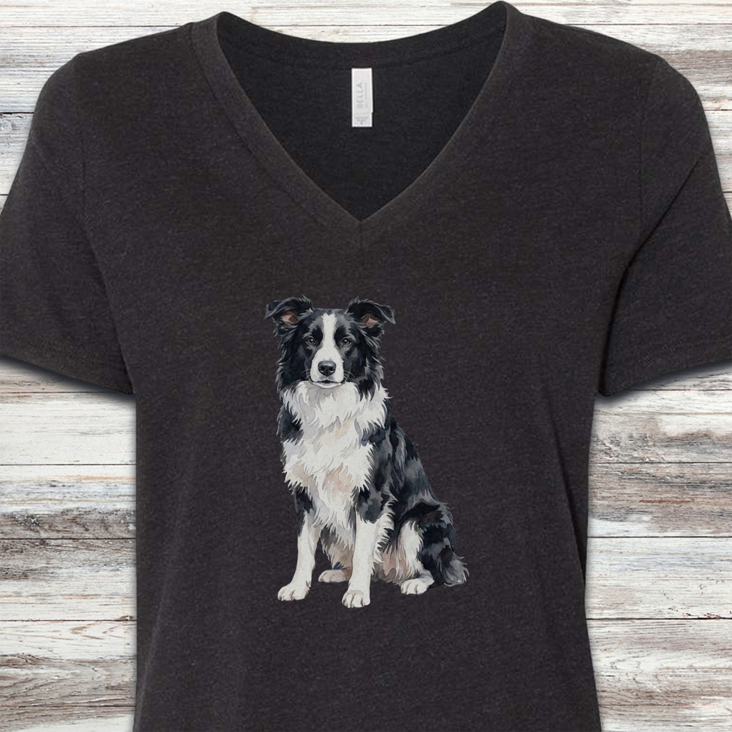 Border Collie Watercolor V-Neck Tee - Black Heather