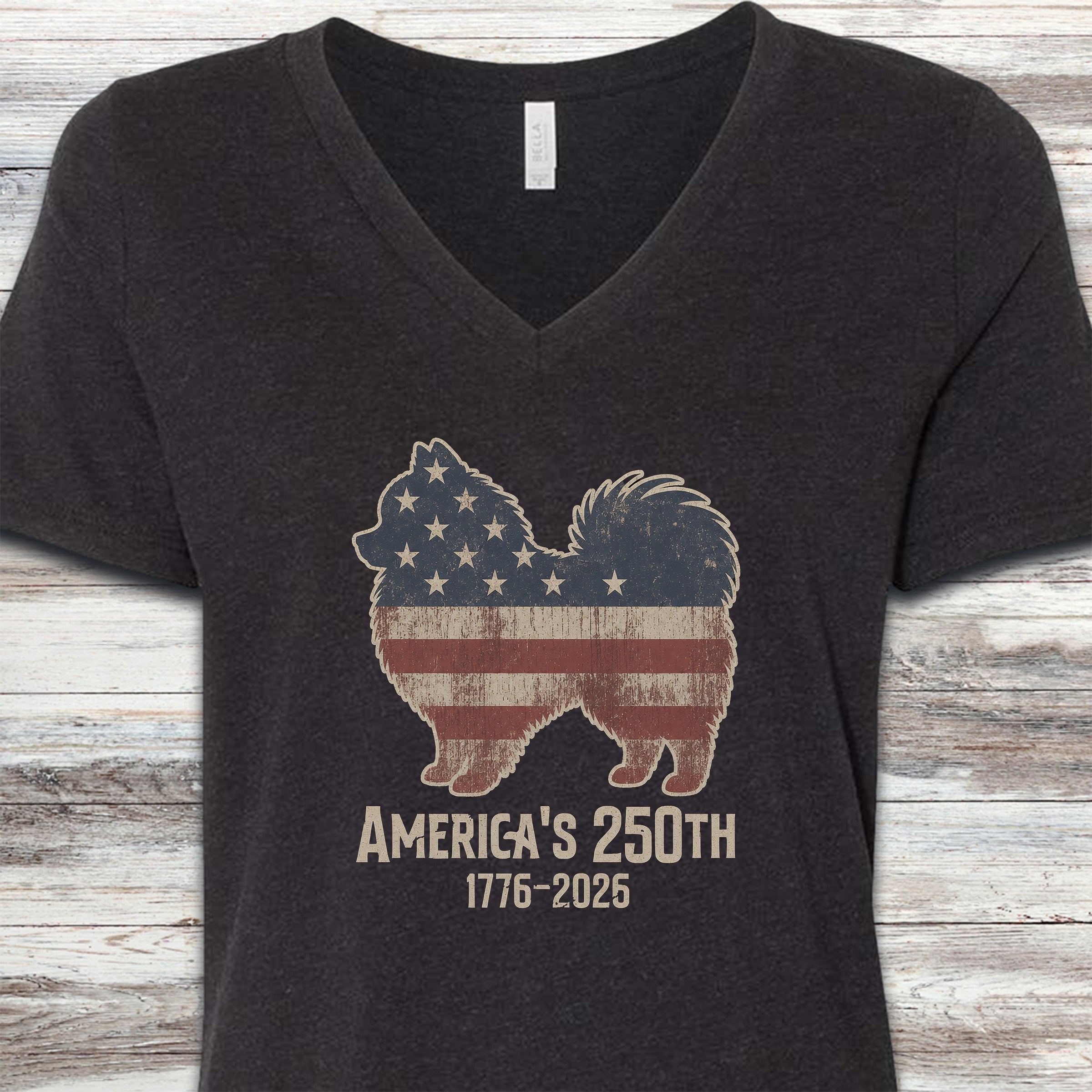 Pomeranian Vintage USA V-Neck Tee - Black Heather