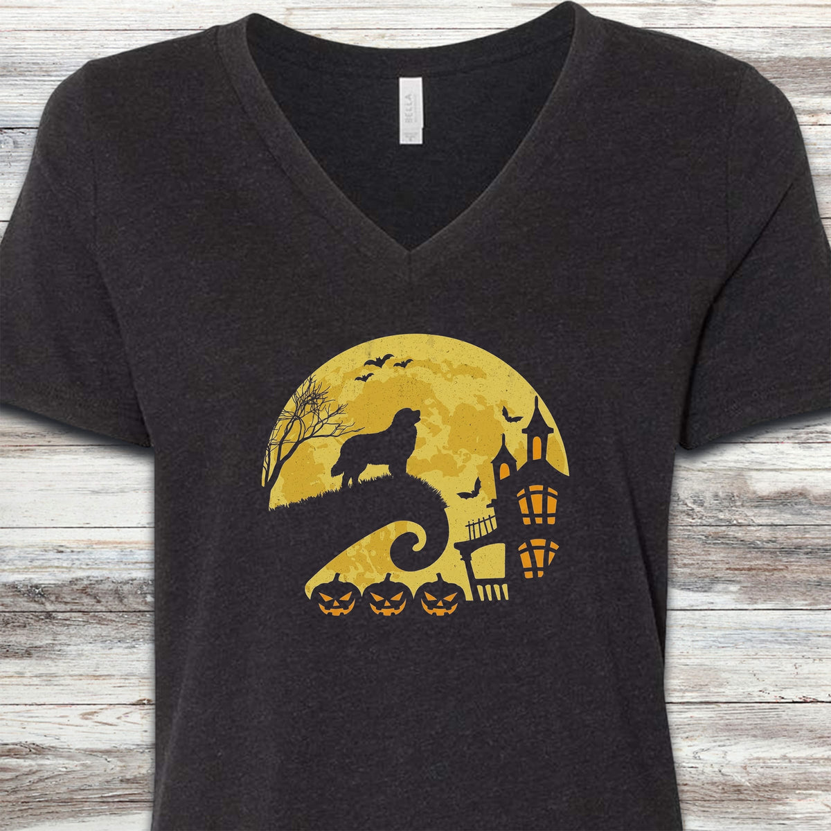 Bernese Mountain Dog Halloween Moon V-Neck Tee - Black Heather