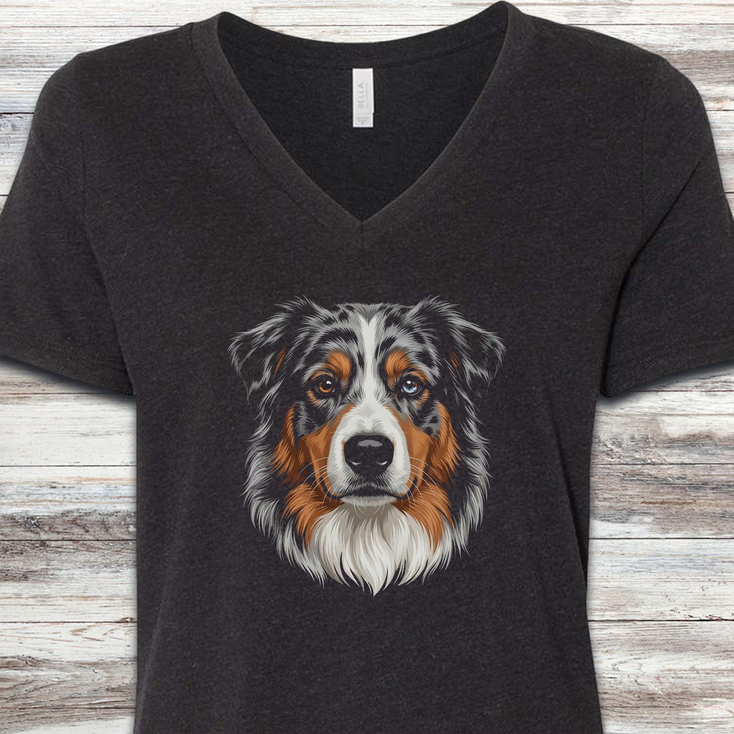 Australian Shepherd Merle Studio Portrait V-Neck Tee - Black Heather