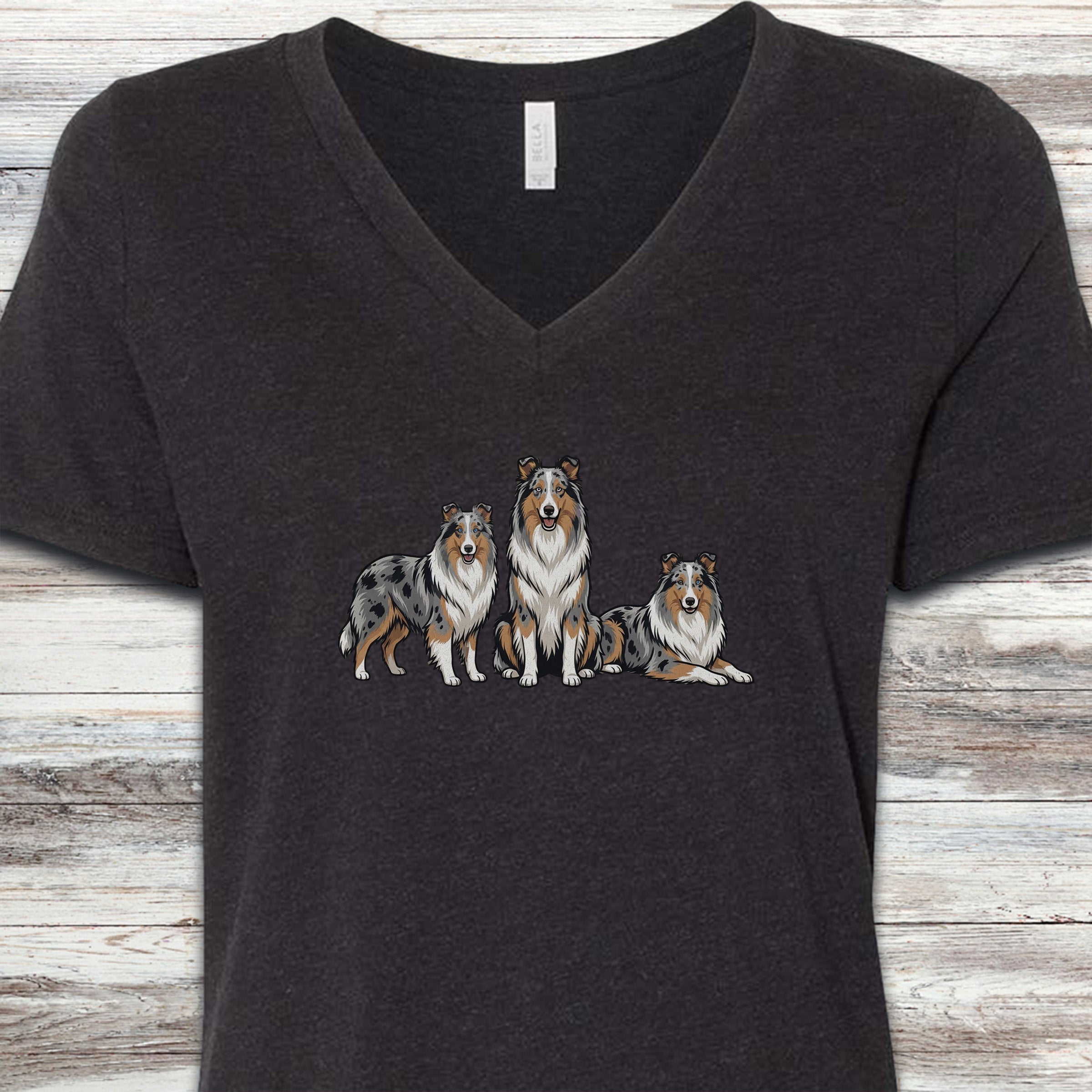 Australian Shepherd Blue Merle Trio V-Neck Tee - Black Heather