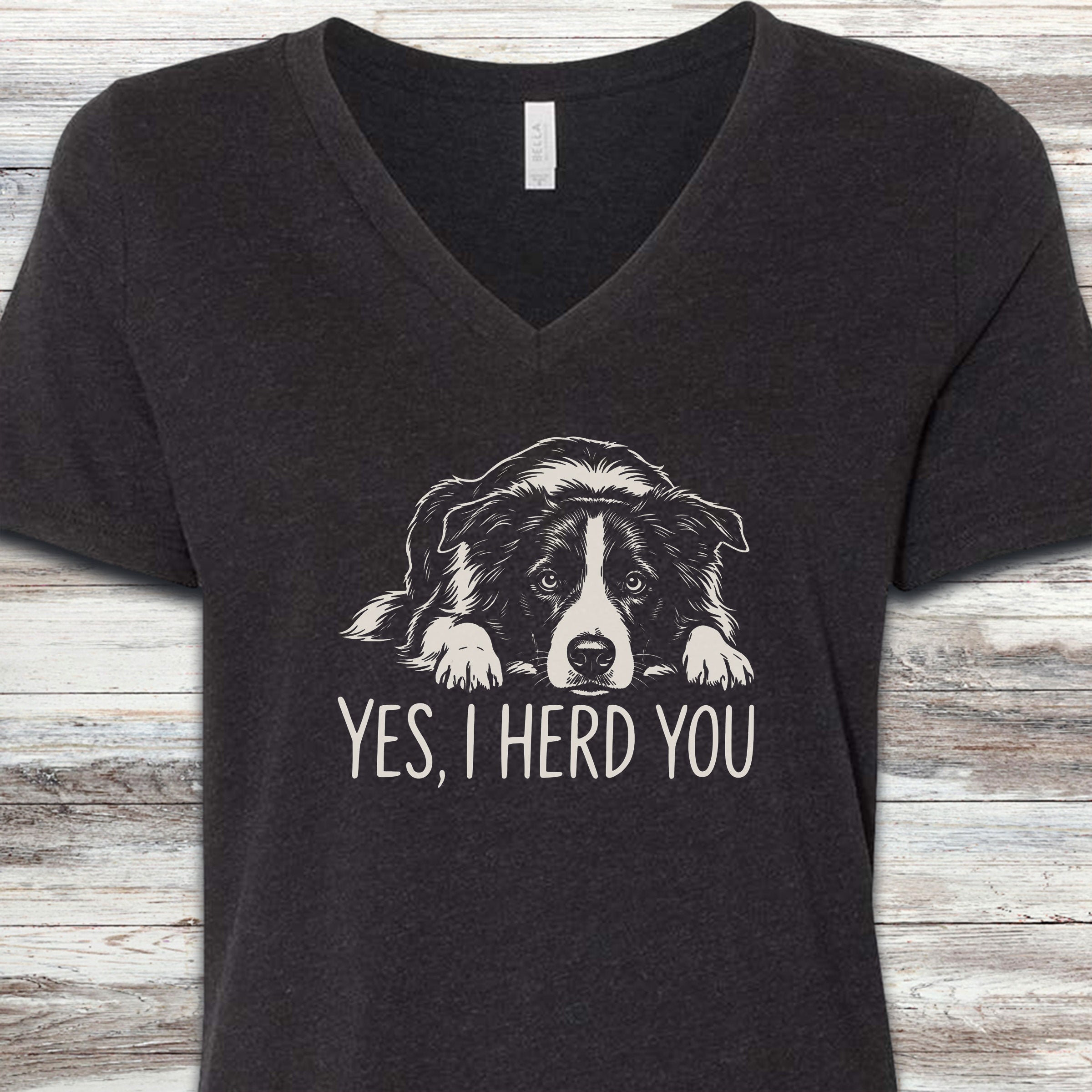 Border Collie Herd You V-Neck Tee - Black Heather