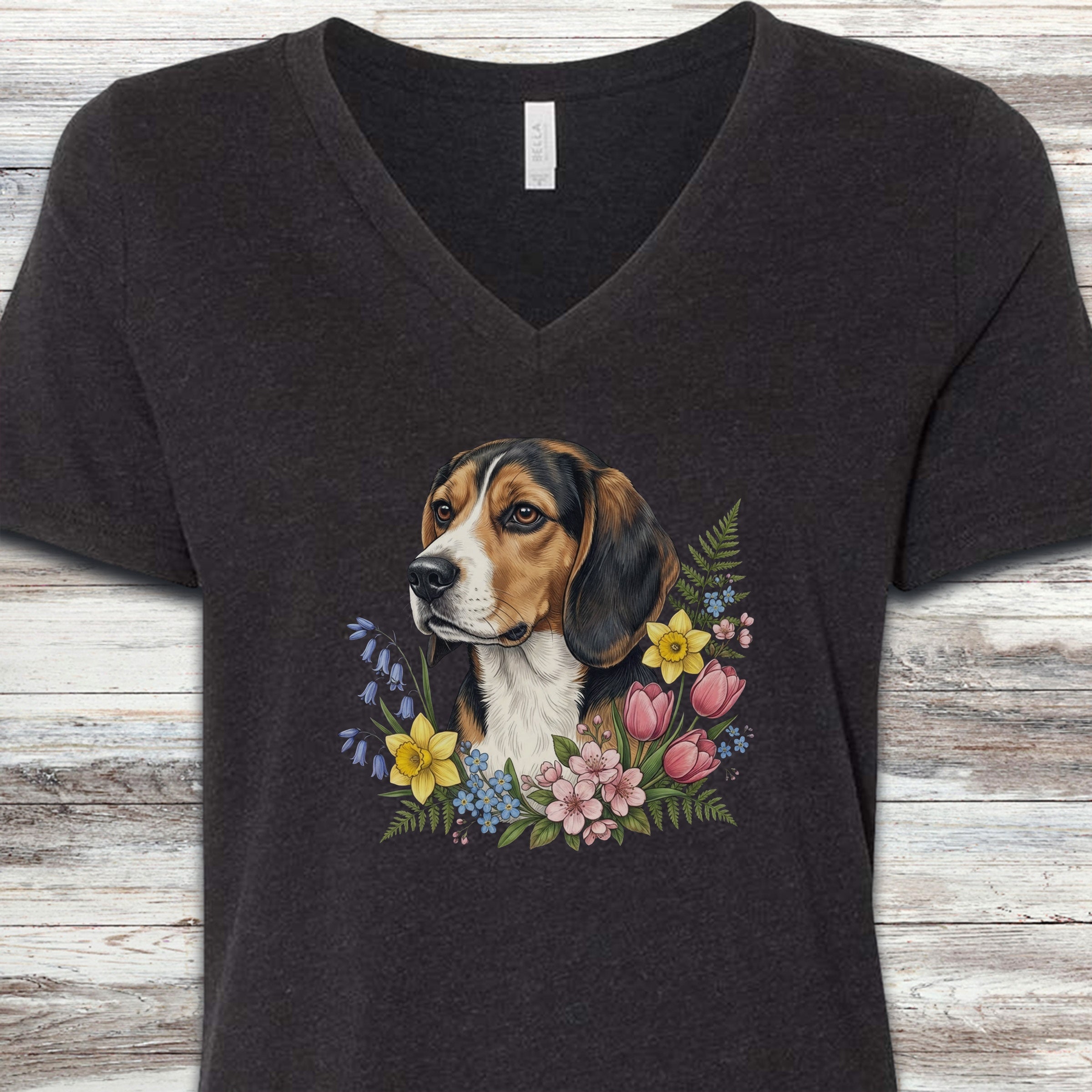 Beagle Spring Portrait V-Neck Tee - Black Heather