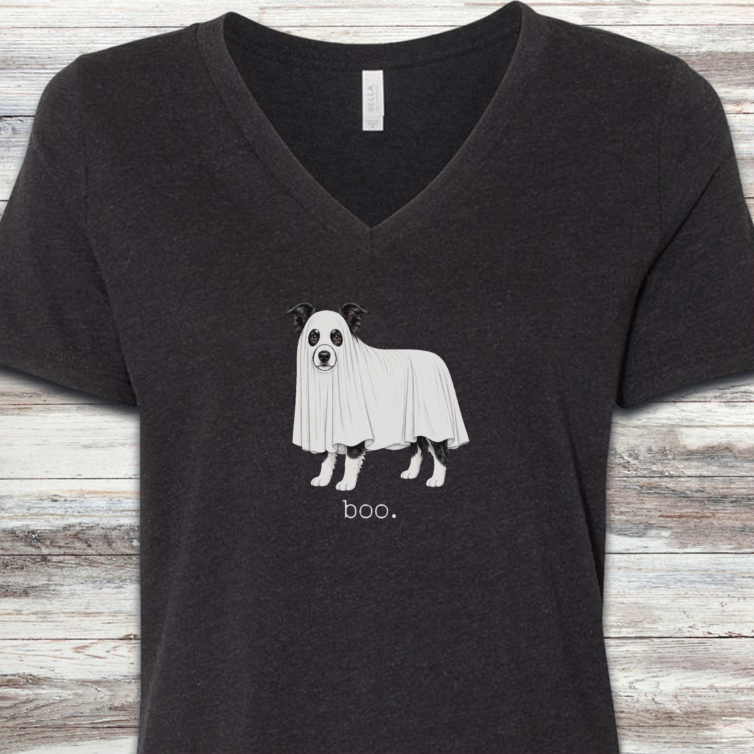 Border Collie Boo V-Neck Tee - Black Heather