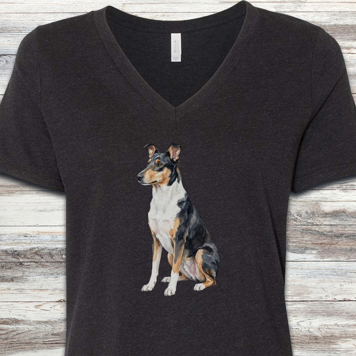 Smooth Collie Watercolor V-Neck Tee - Black Heather