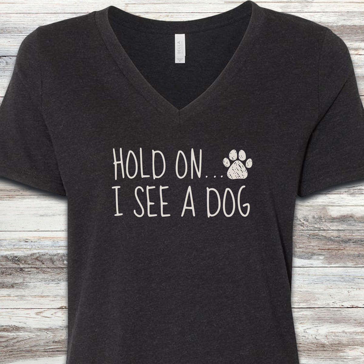 Dog Hold On V-Neck Tee - Black Heather