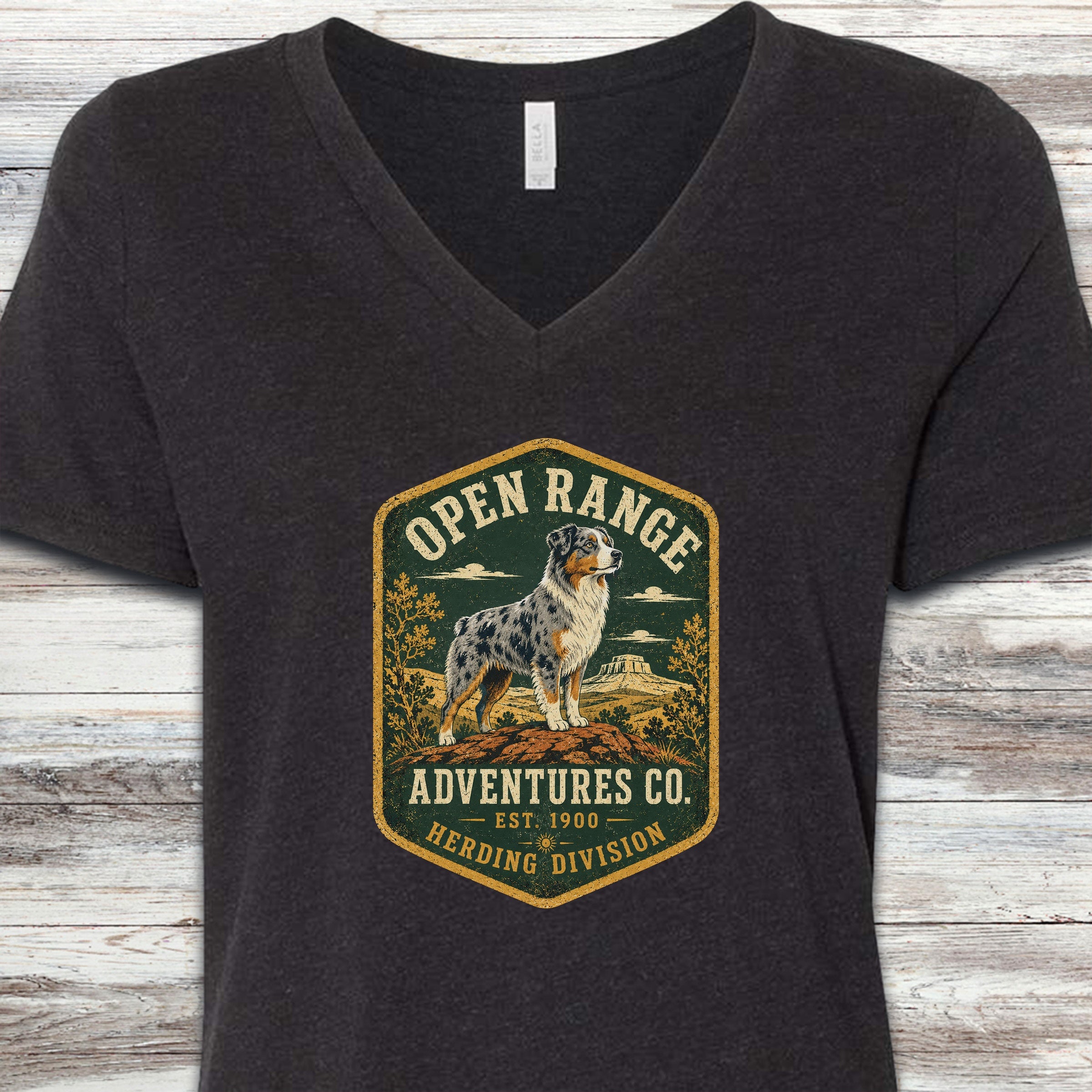 Australian Shepherd Adventures V-Neck Tee - Black Heather