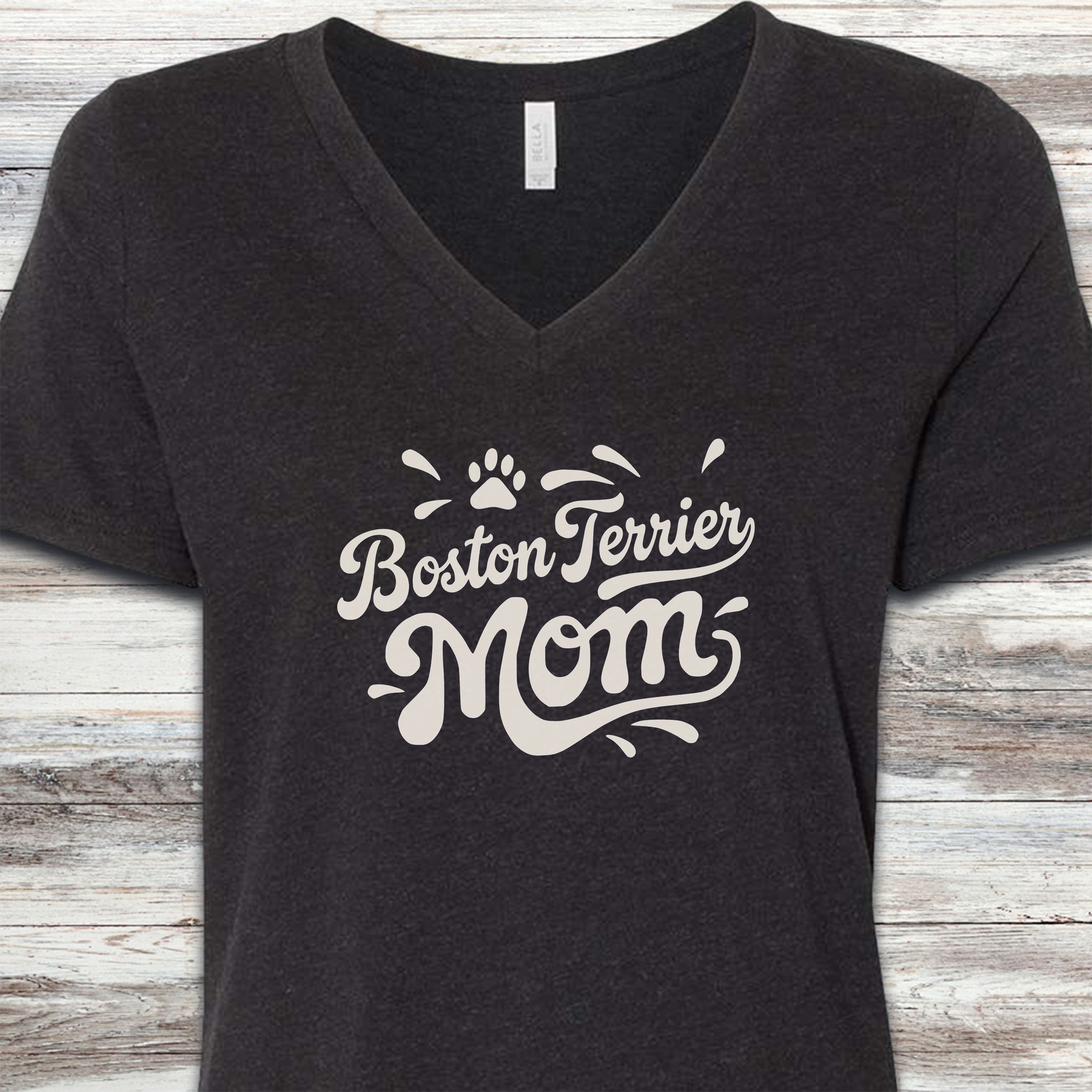 Boston Terrier Groovy Mom V-Neck Tee - Black Heather