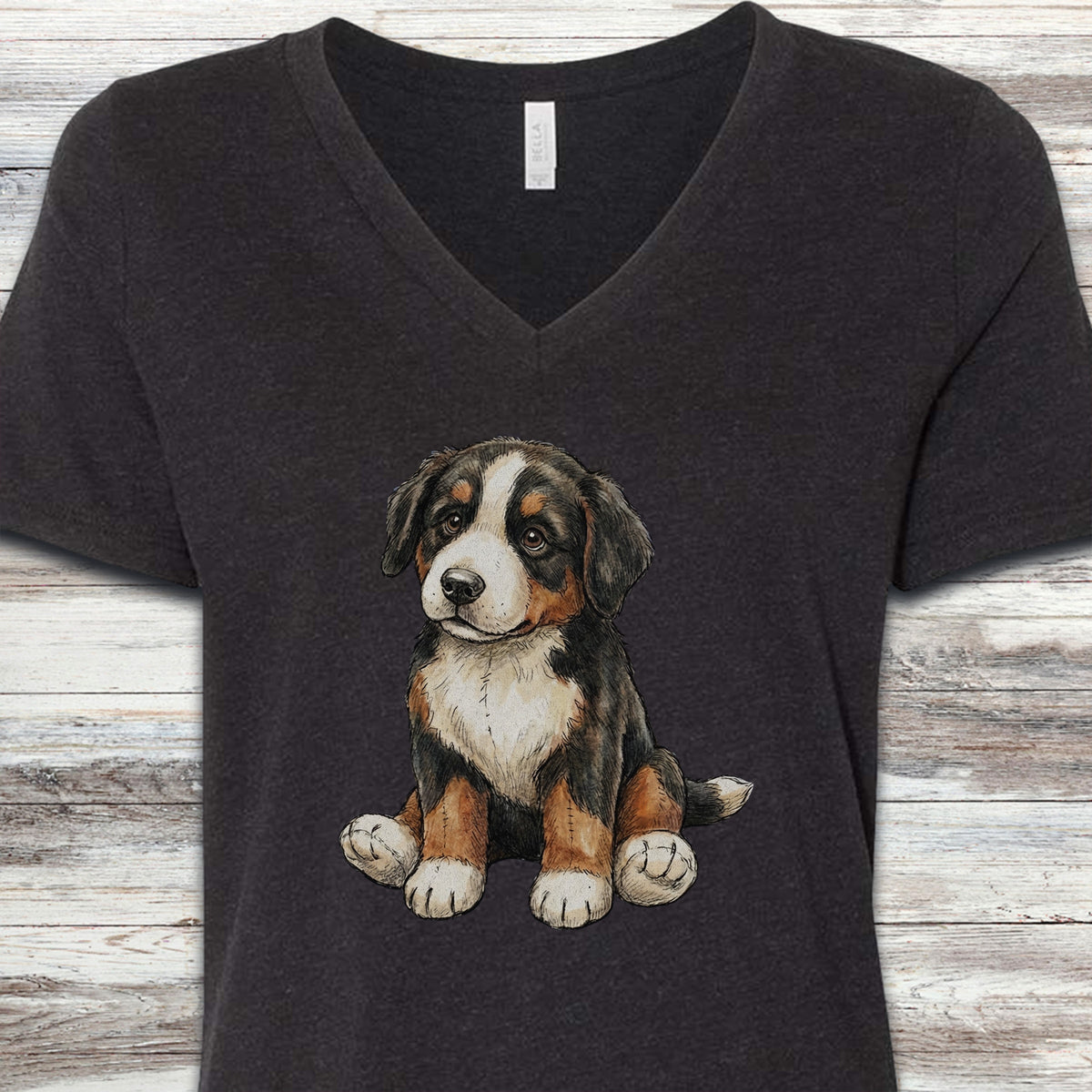 Bernese Mountain Dog Teddy Bear V-Neck Tee - Black Heather