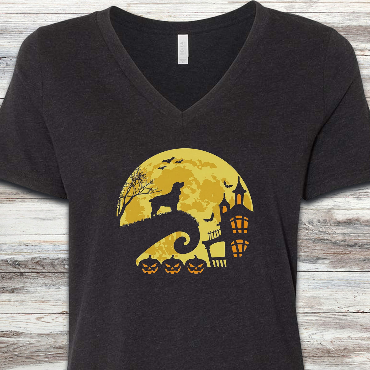 Boykin Spaniel Halloween Moon V-Neck Tee - Black Heather