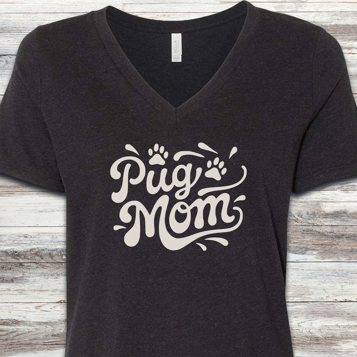 Pug Groovy Mom V-Neck Tee - Black Heather