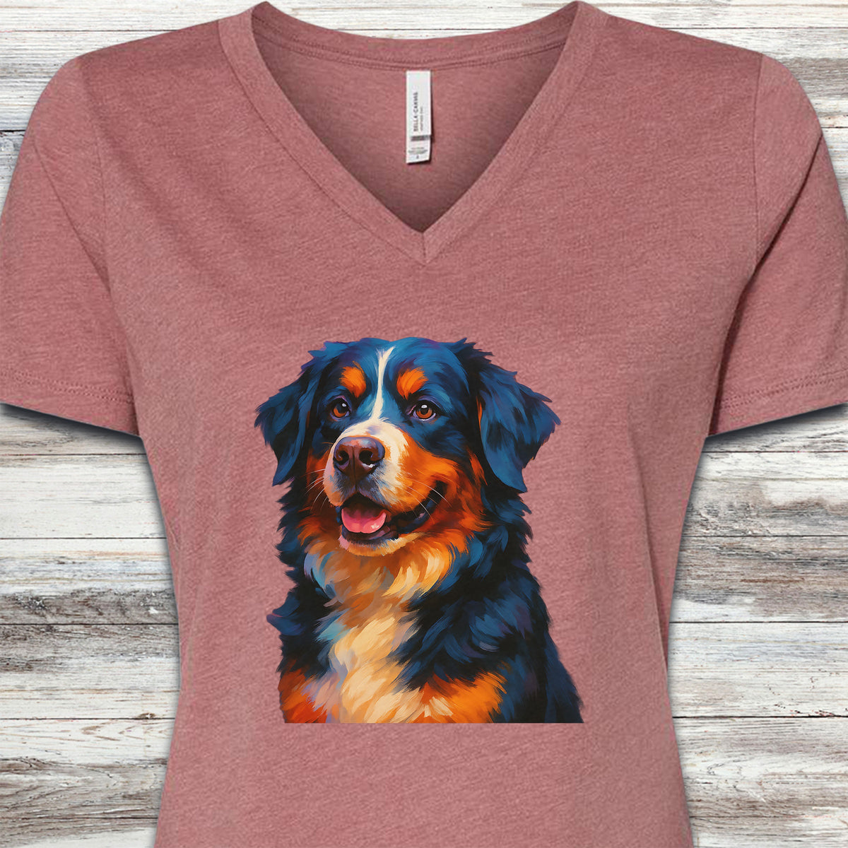 Bernese Mountain Dog Oil Painting V-Neck Tee - Heather Mauve