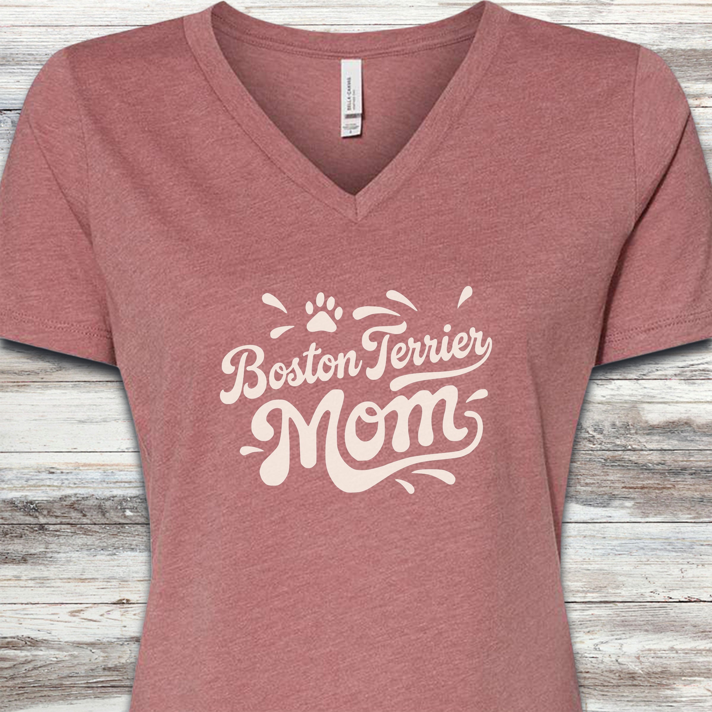 Boston Terrier Groovy Mom V-Neck Tee - Heather Mauve
