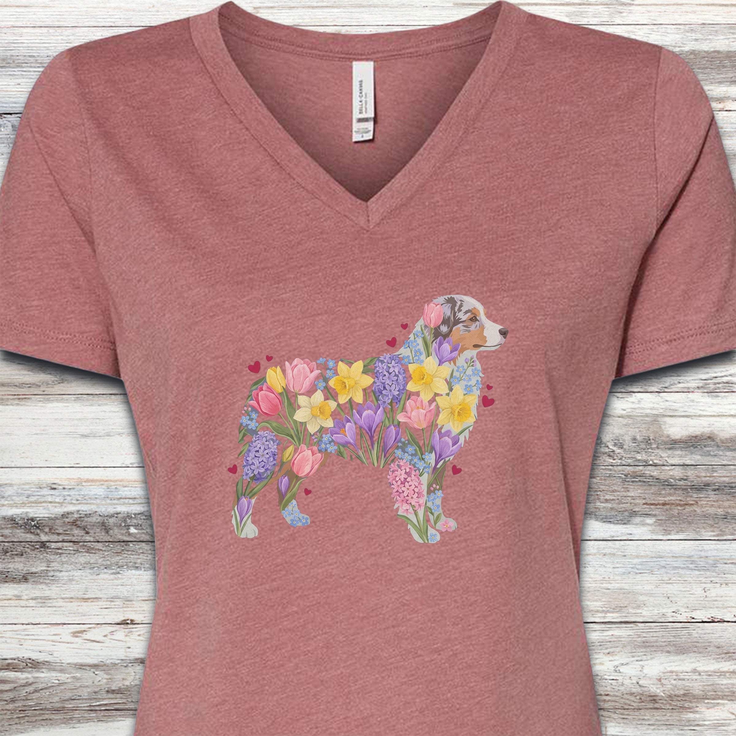 Australian Shepherd Spring Floral Silhouette V-Neck Tee - Heather Mauve