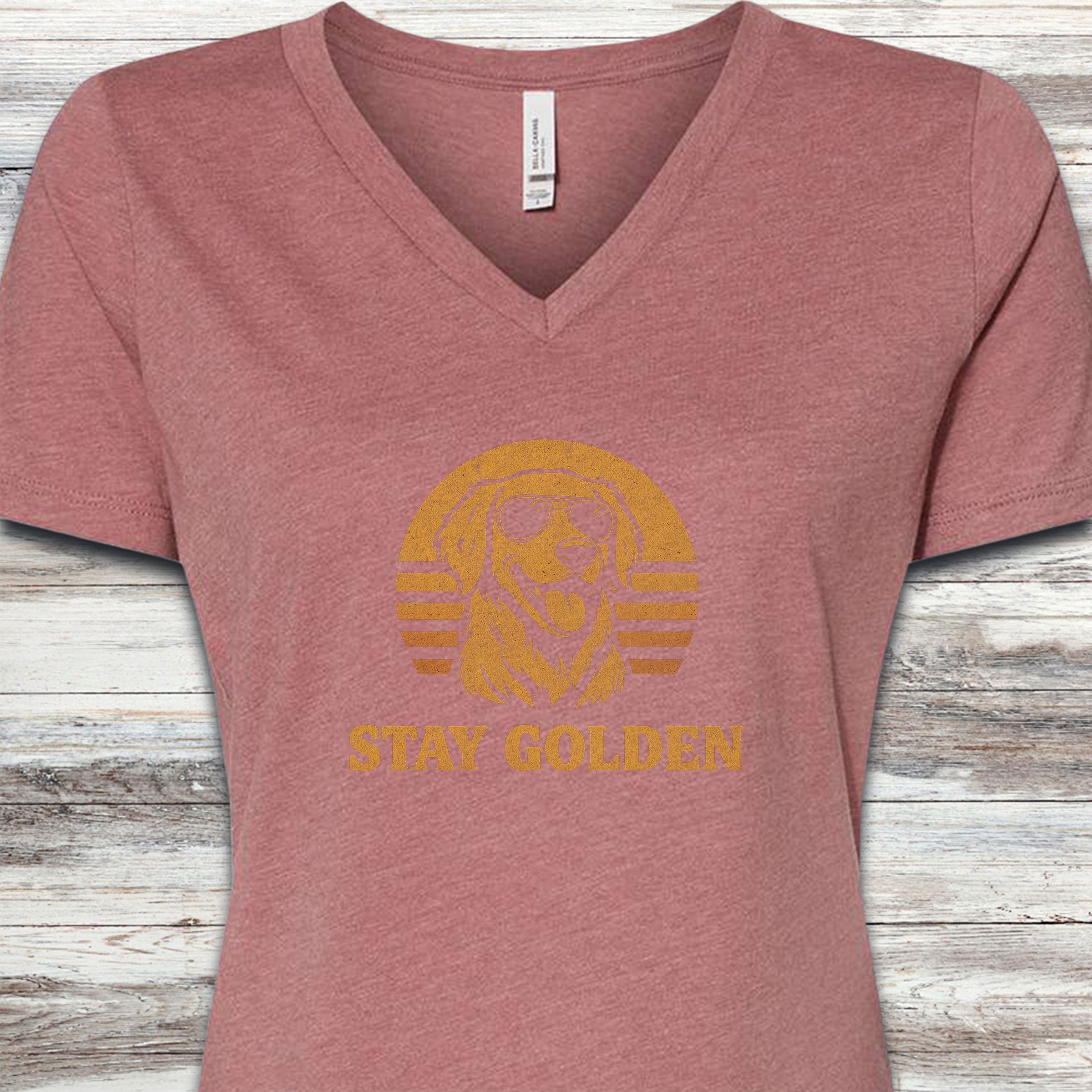 Golden Retriever Retro Stay Golden V-Neck Tee - Heather Mauve