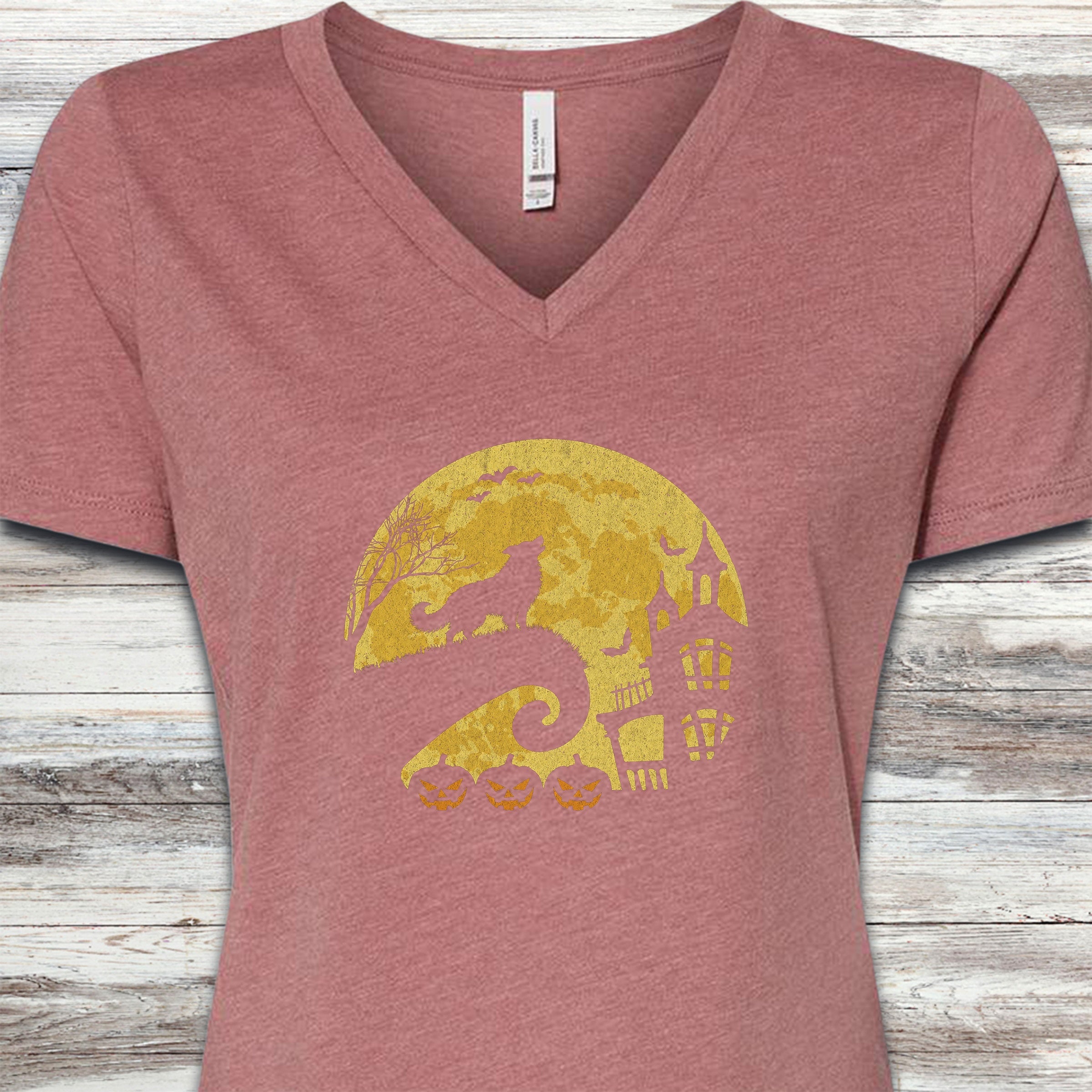 Border Collie Halloween Moon V-Neck Tee - Heather Mauve