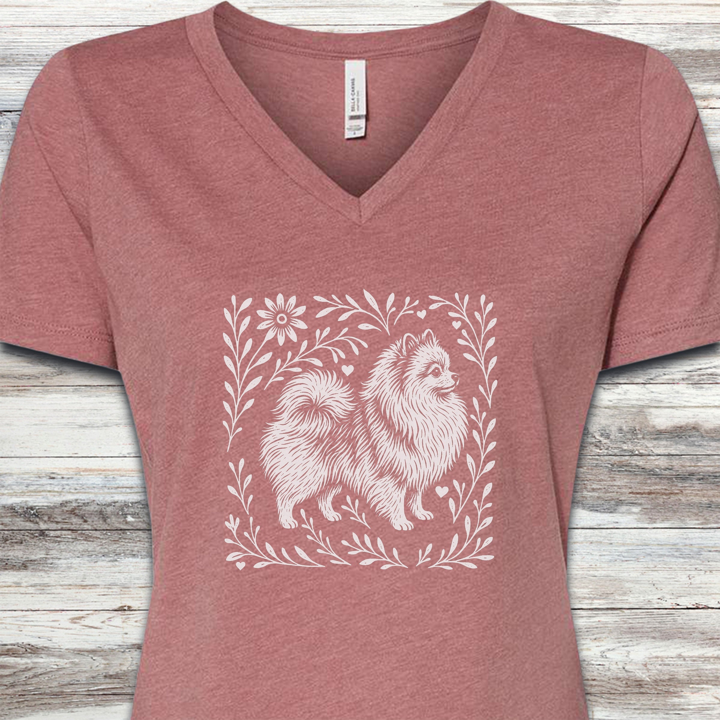 Pomeranian Linocut V-Neck Tee - Heather Mauve