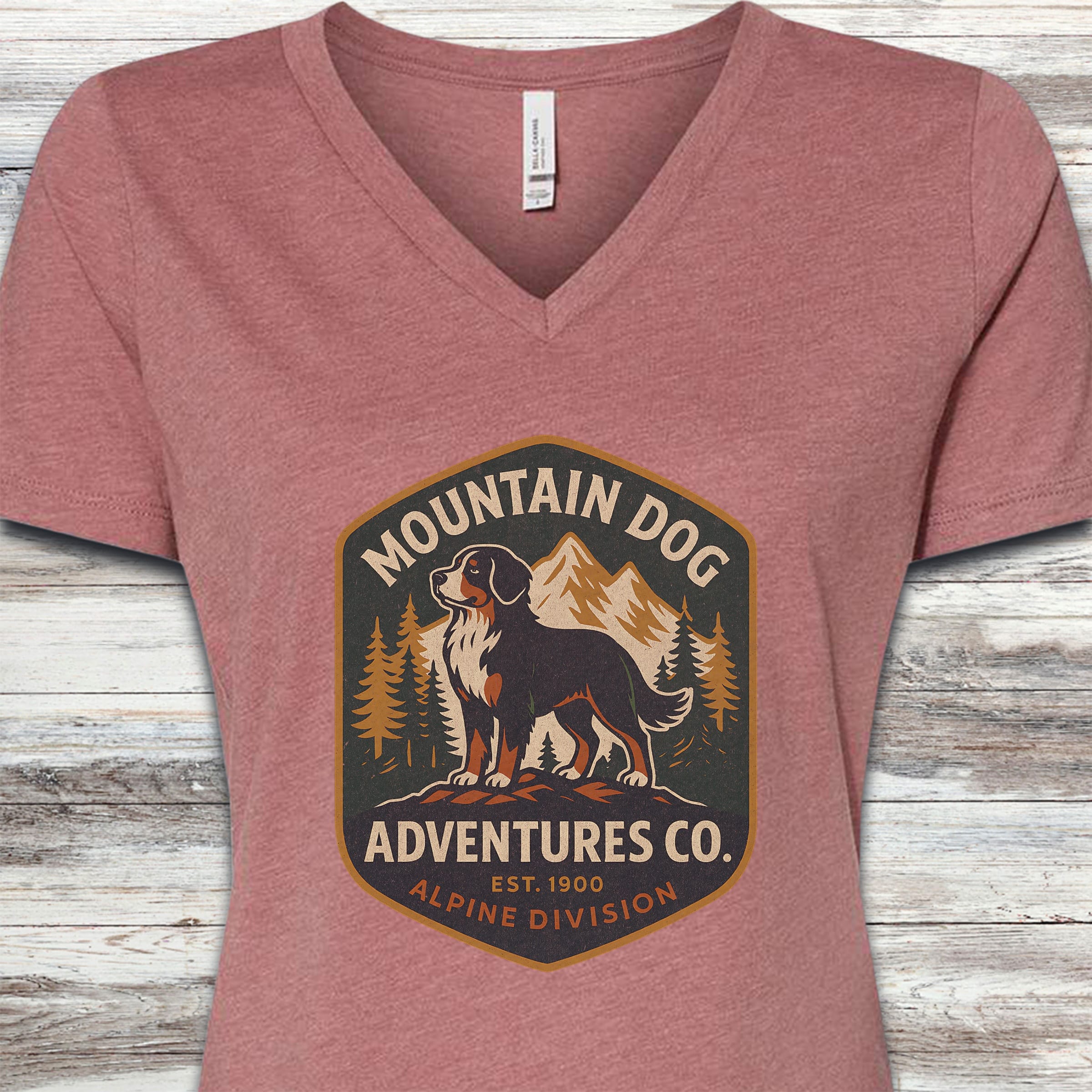 Bernese Mountain Dog Adventures V-Neck Tee - Heather Mauve