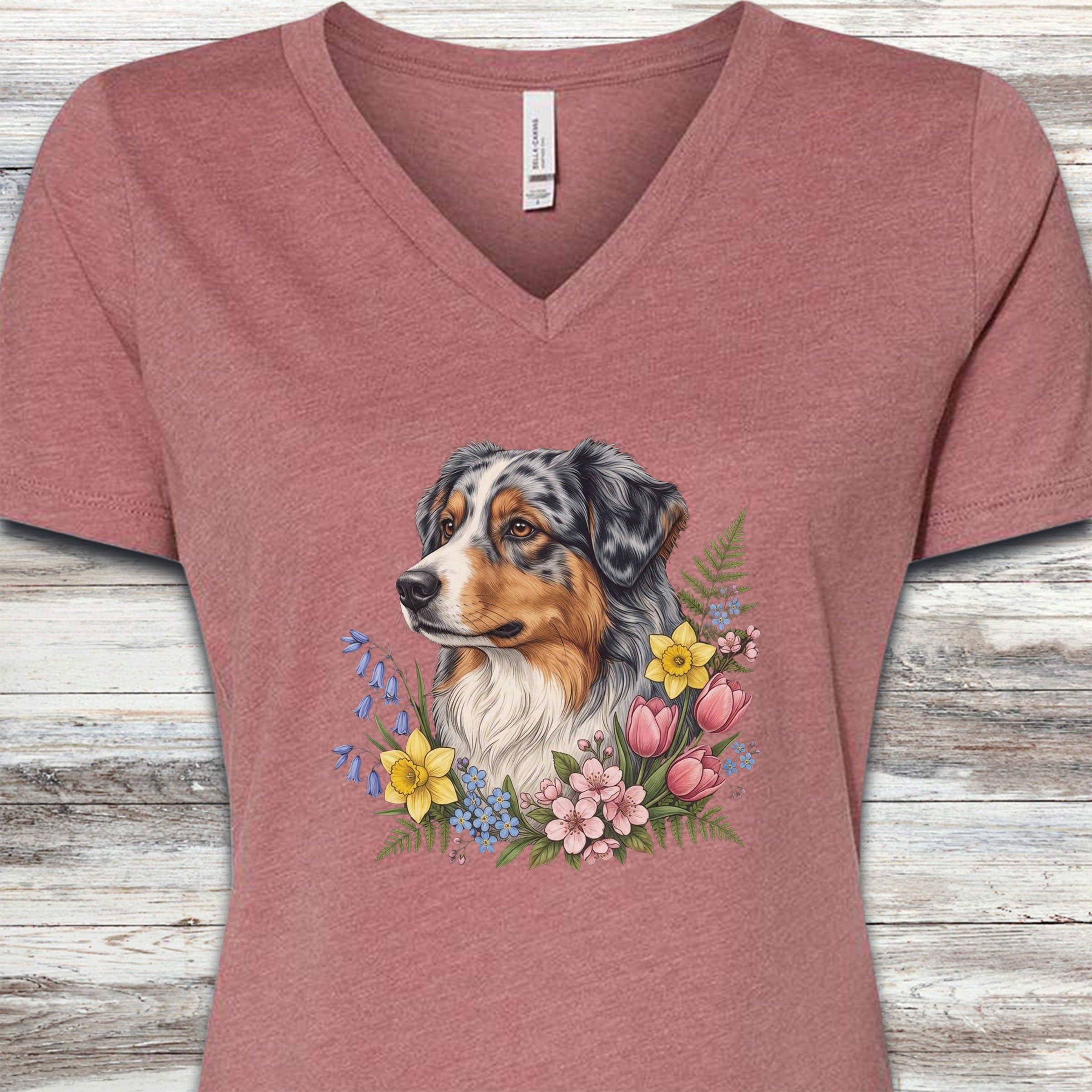 Australian Shepherd Spring Portrait V-Neck Tee - Heather Mauve