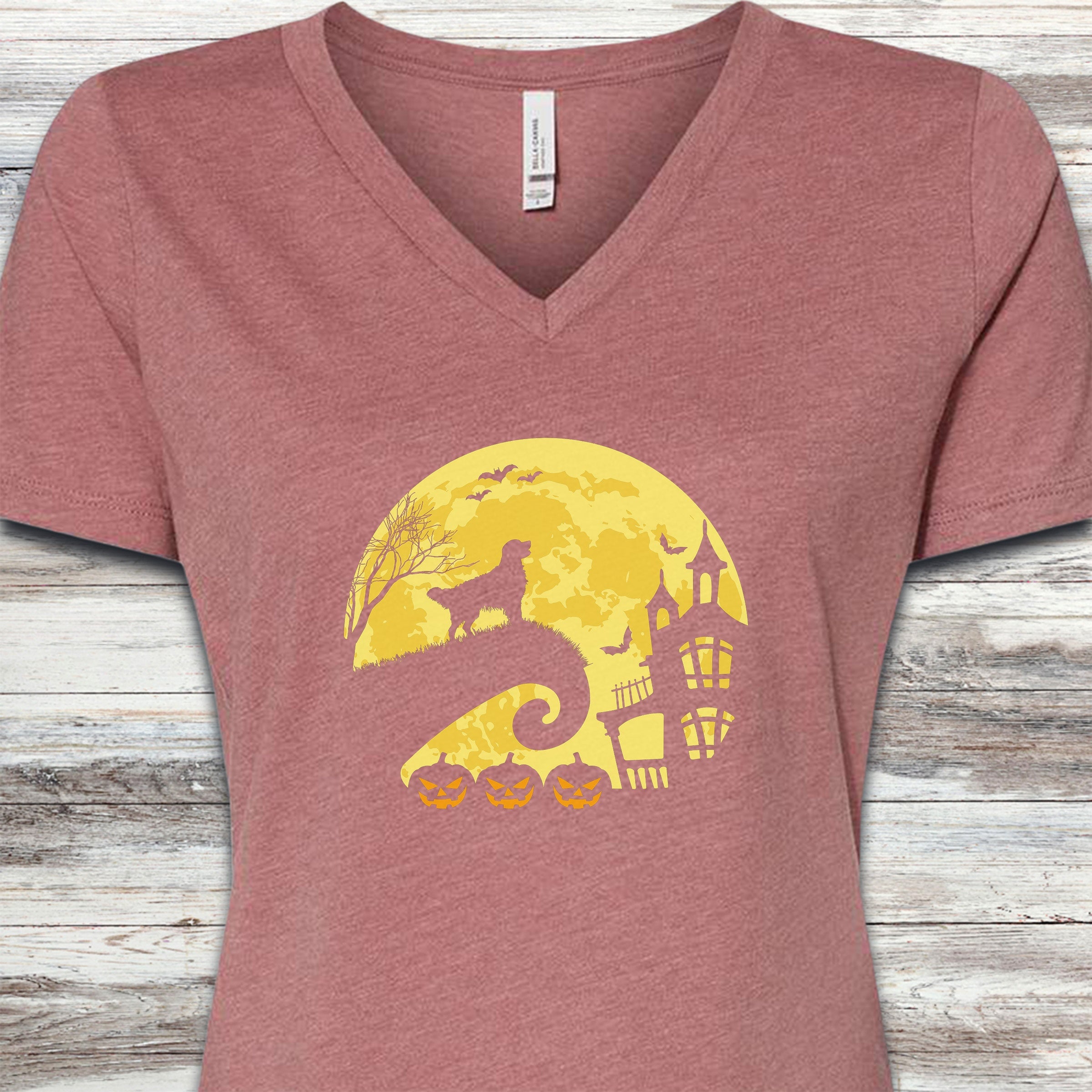 Golden Retriever Halloween Moon V-Neck Tee - Heather Mauve
