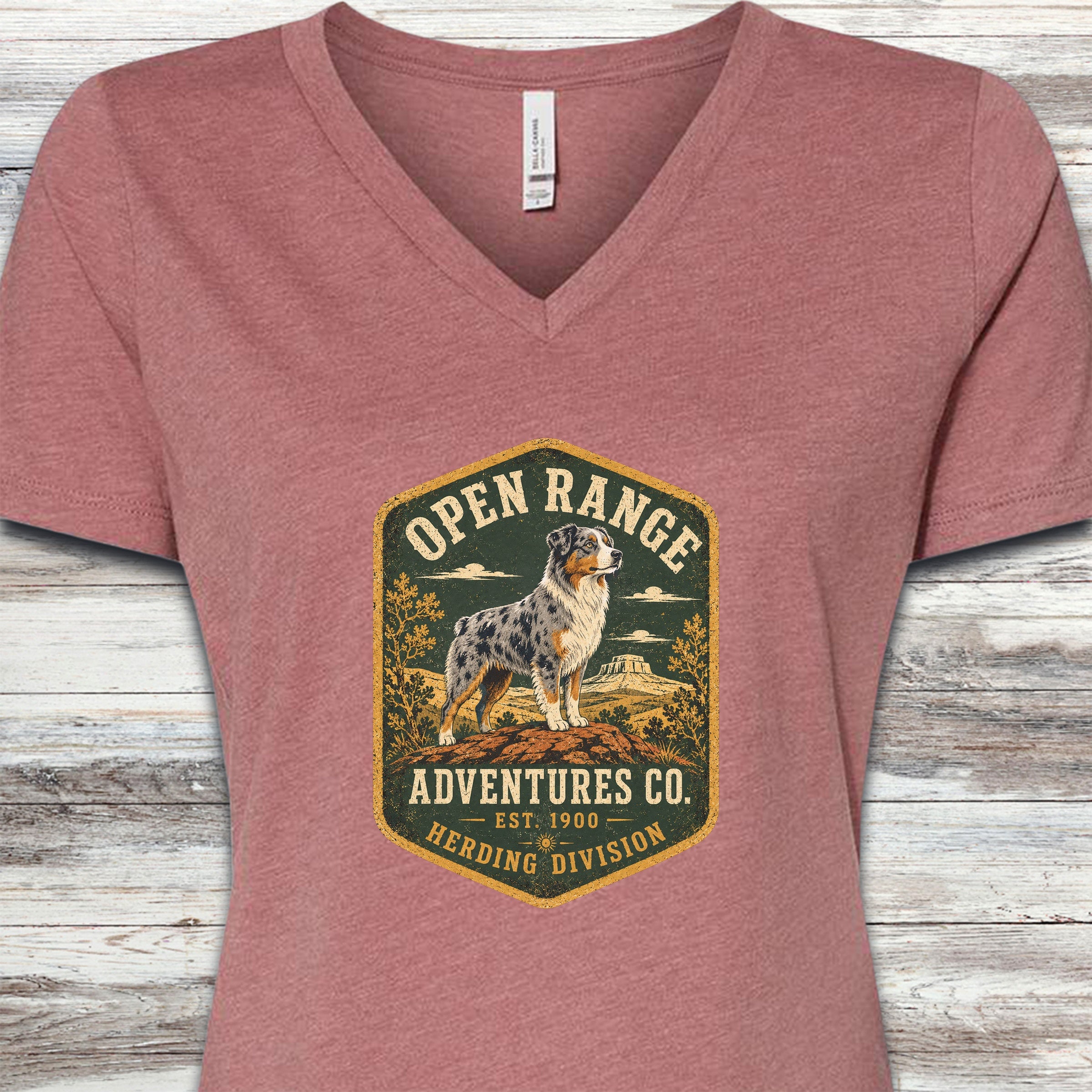 Australian Shepherd Adventures V-Neck Tee - Heather Mauve