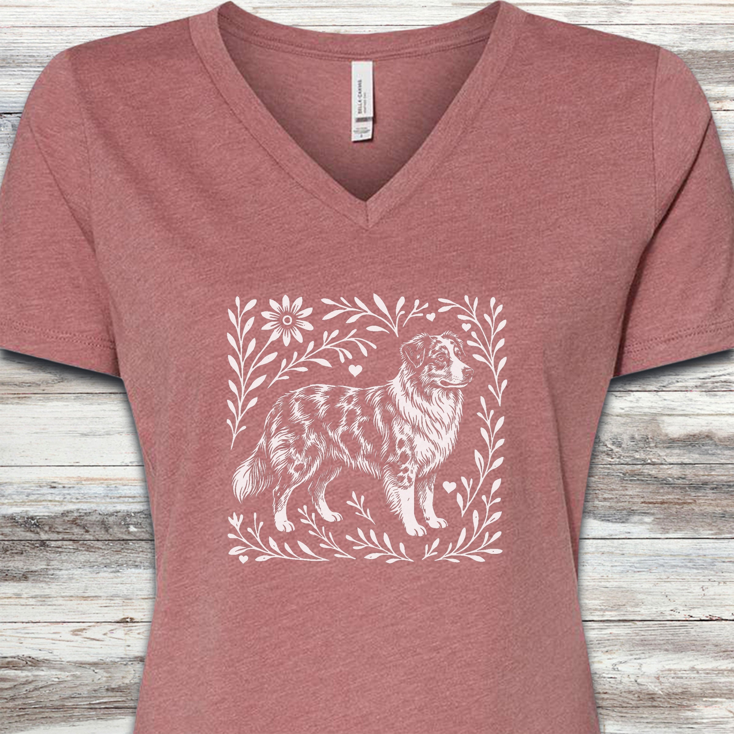 Australian Shepherd Merle Linocut V-Neck Tee - Heather Mauve