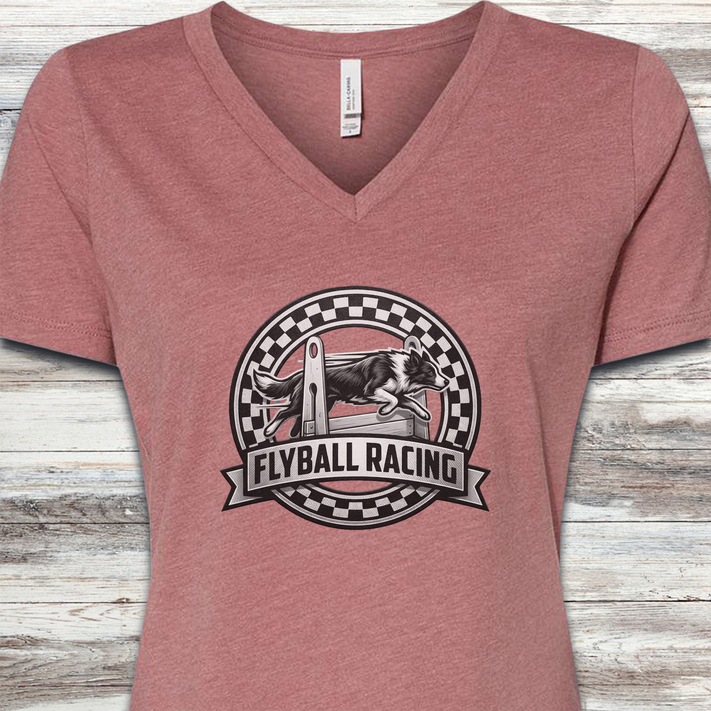 Border Collie Flyball Racing V-Neck Tee - Heather Mauve