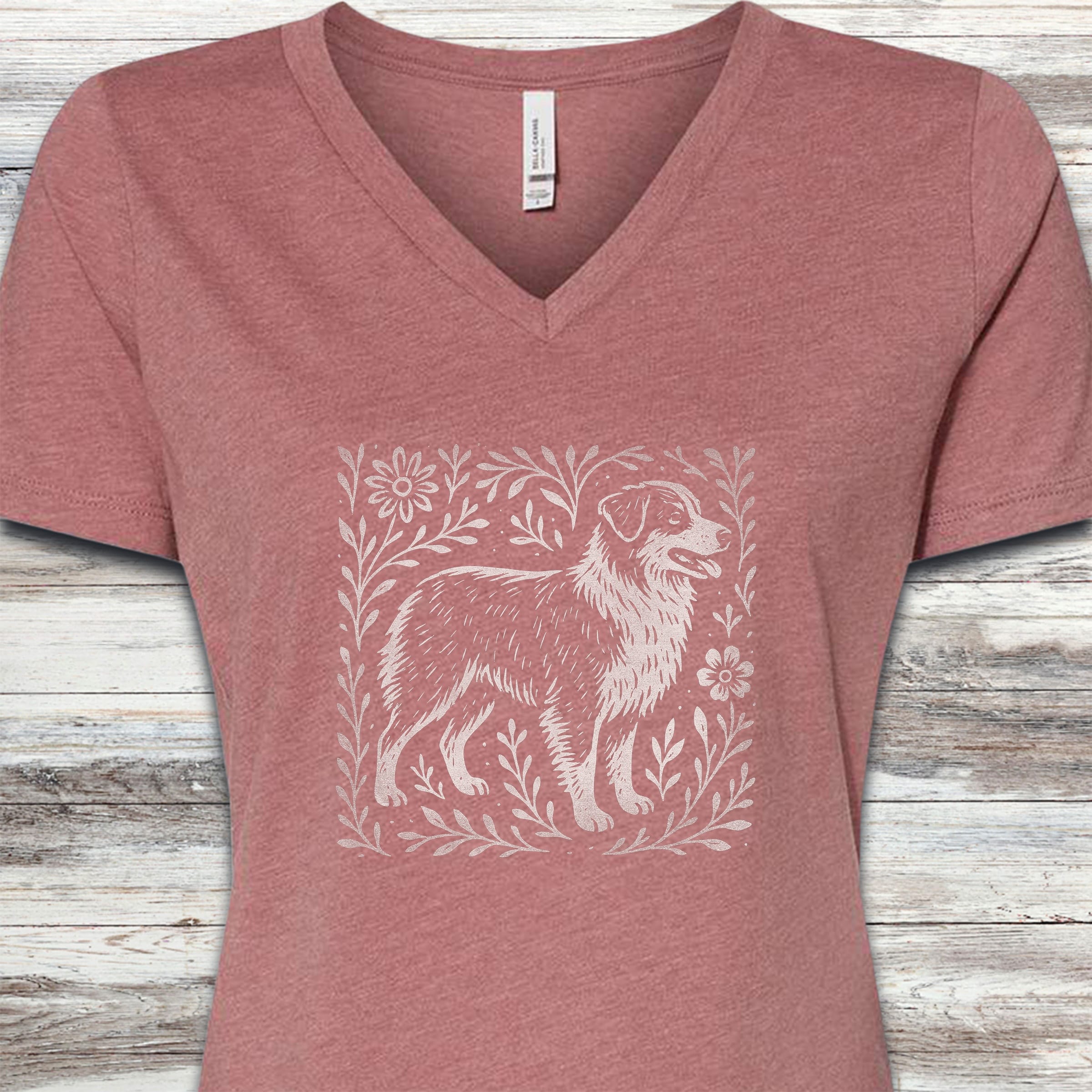 Australian Shepherd Linocut V-Neck Tee - Heather Mauve
