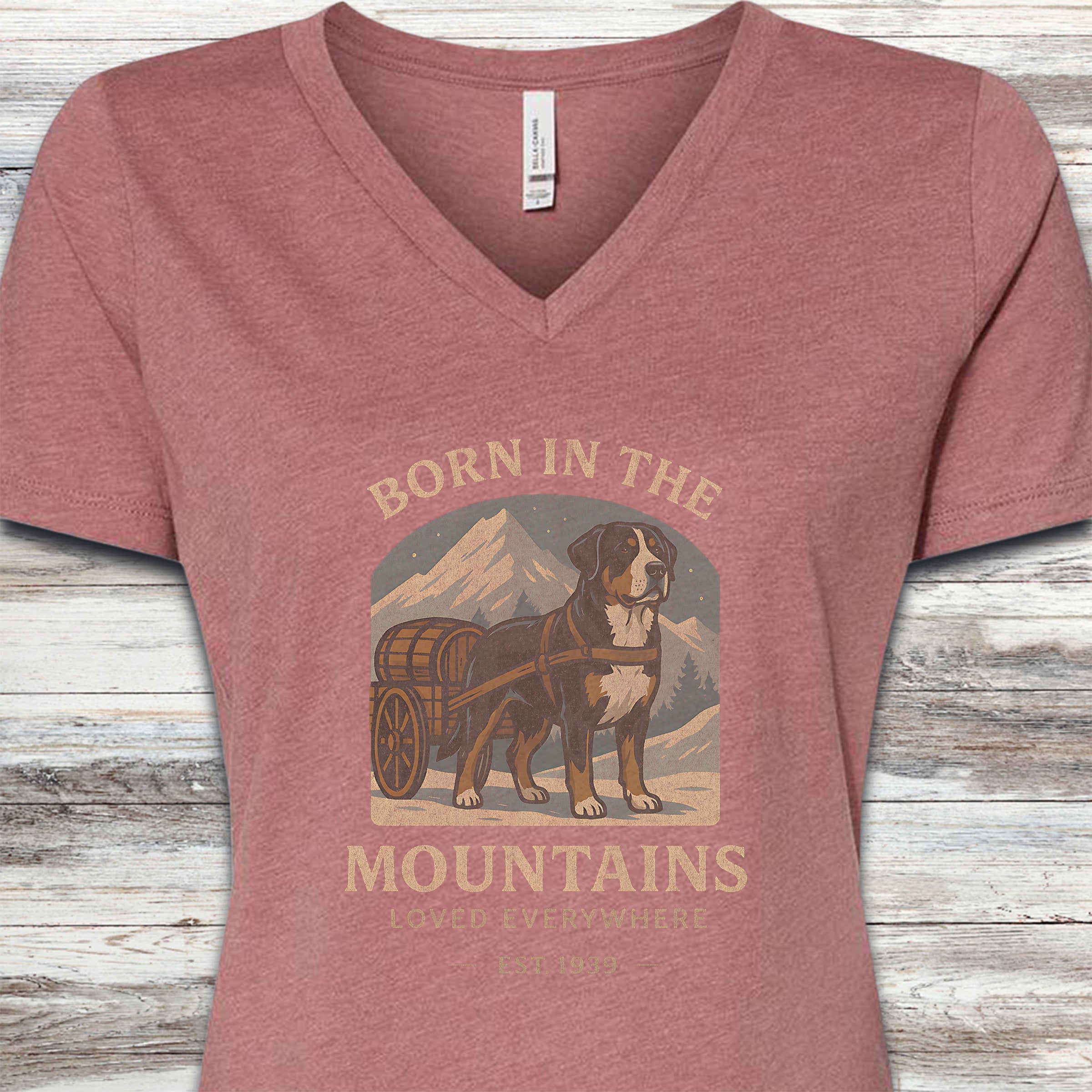 Swiss Mountain Dog Born V-Neck Tee - Heather Mauve