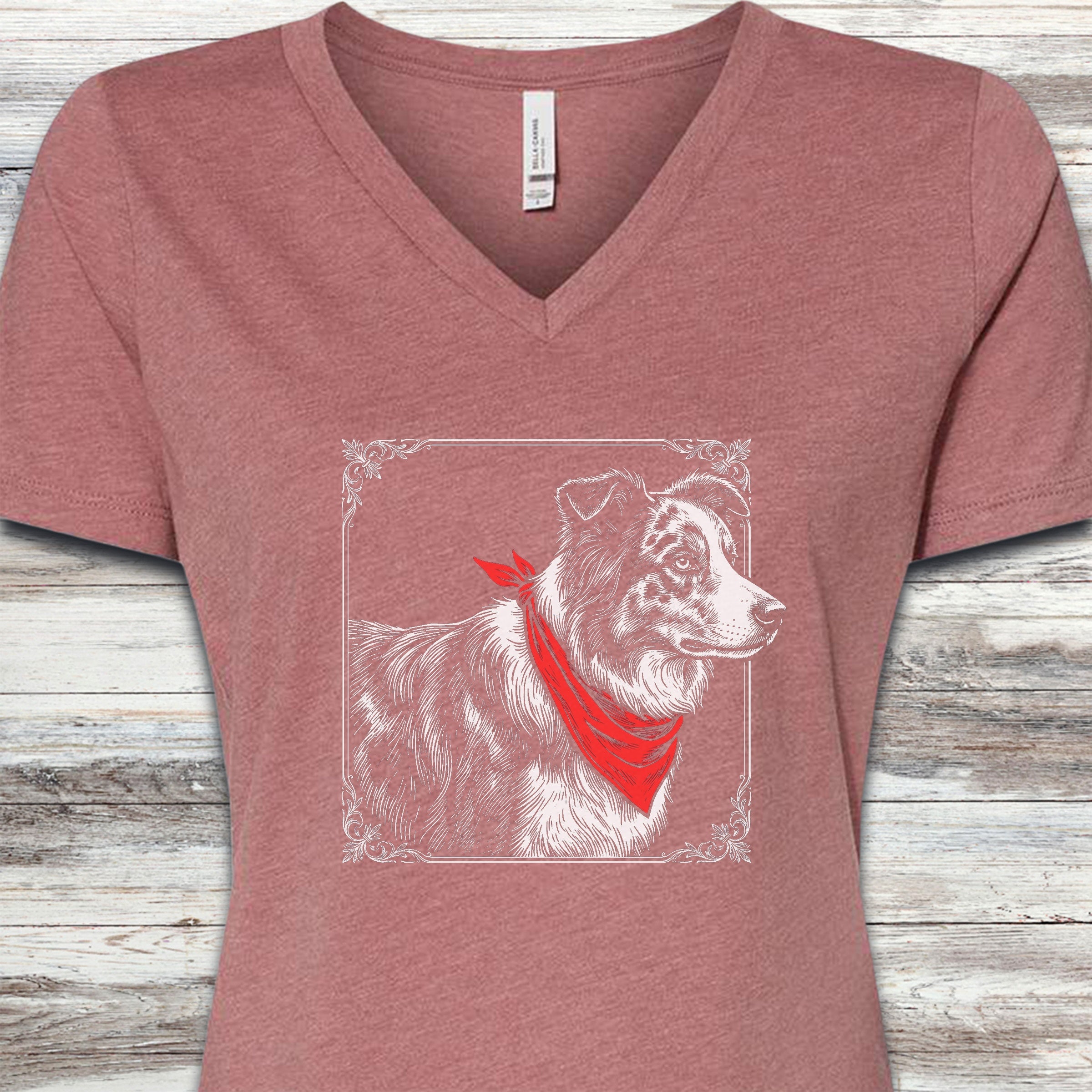 Australian Shepherd Etching V-Neck Tee - Heather Mauve